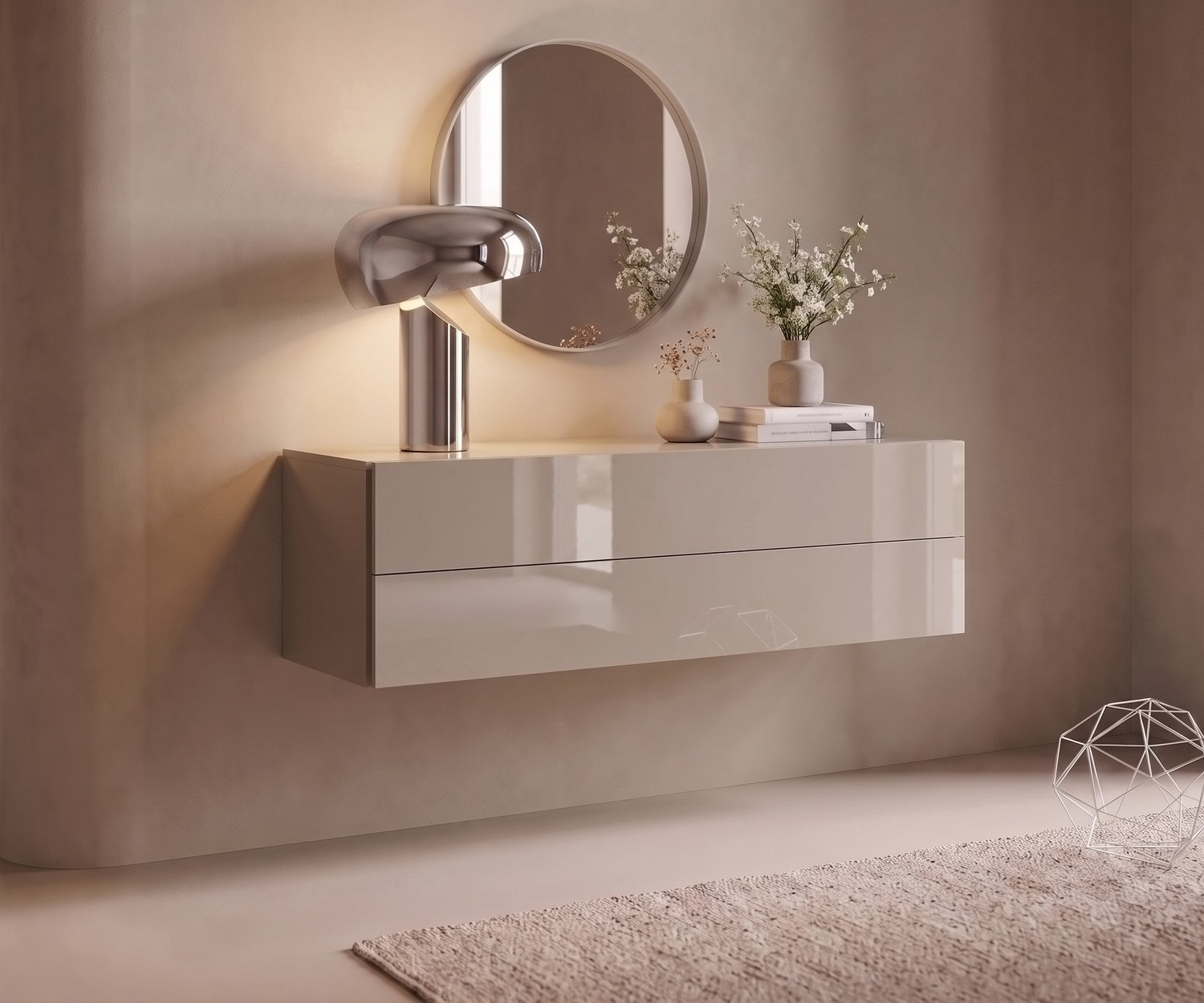 Commode suspendue Novamobili Easy. Buffet mural beige sable brillant pour une entrée au design moderne et minimaliste.