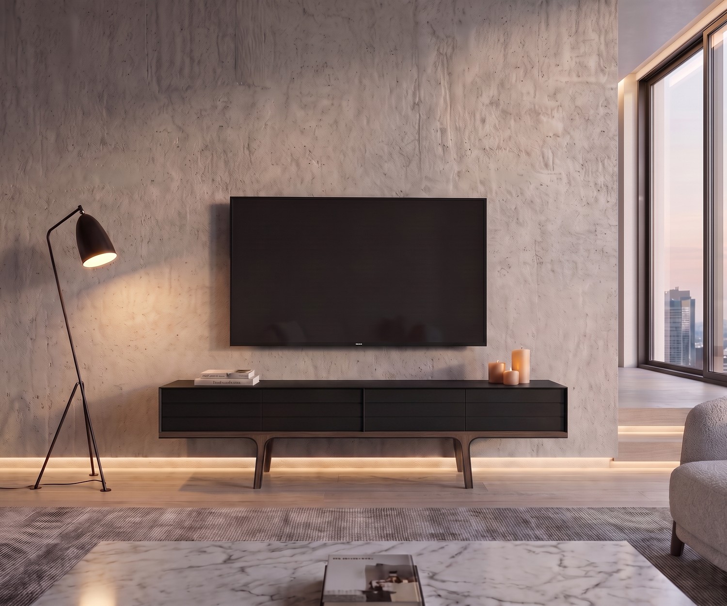 Meuble TV bas al2 Mobius 004 dans un salon moderne, console média sombre sous l'écran, mur en béton gris.