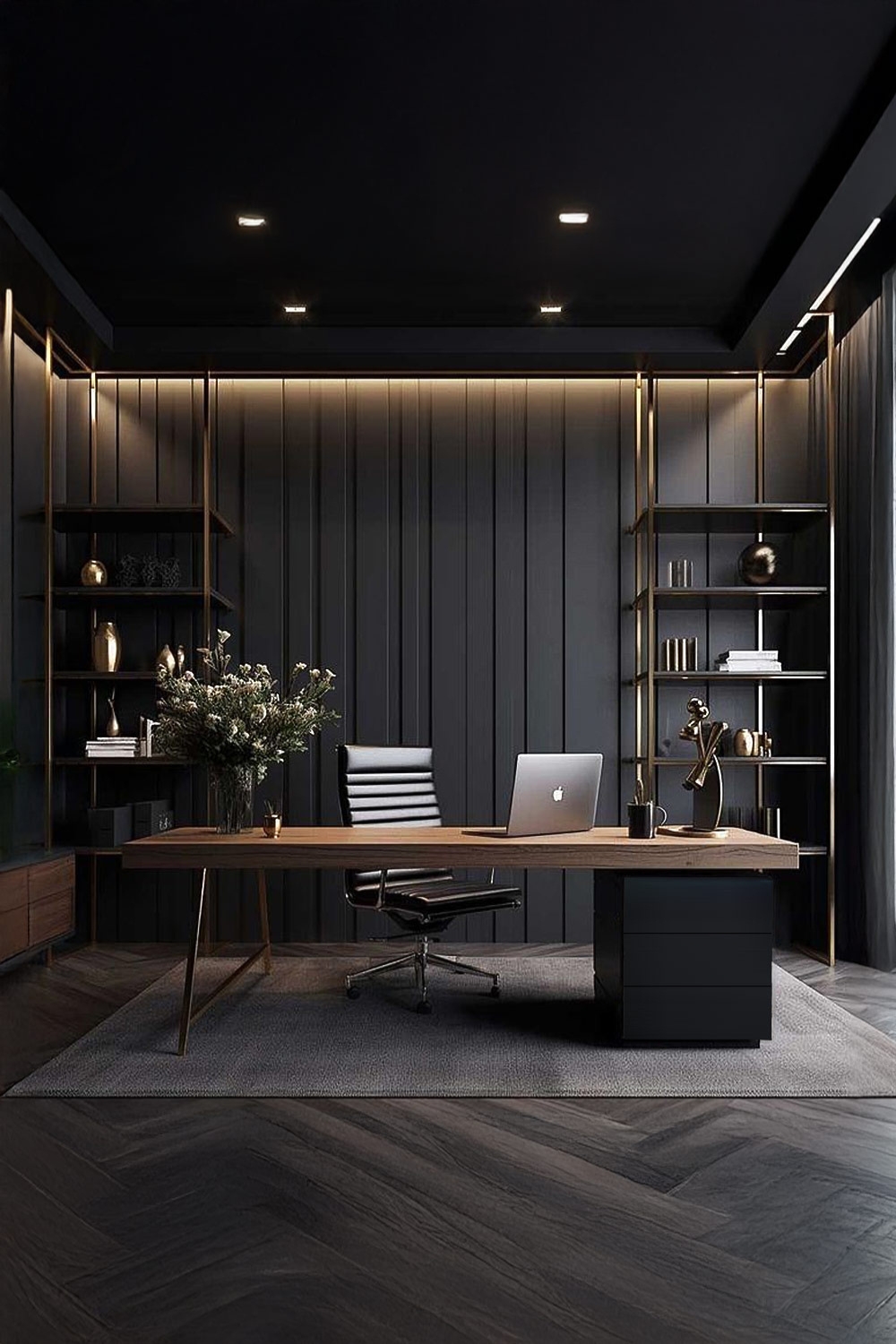 bureau-avec-bureau-minimaliste-commode-et-chaise-de-bureau-noble-devant-de-hautes-bibliothèques-ouvertes