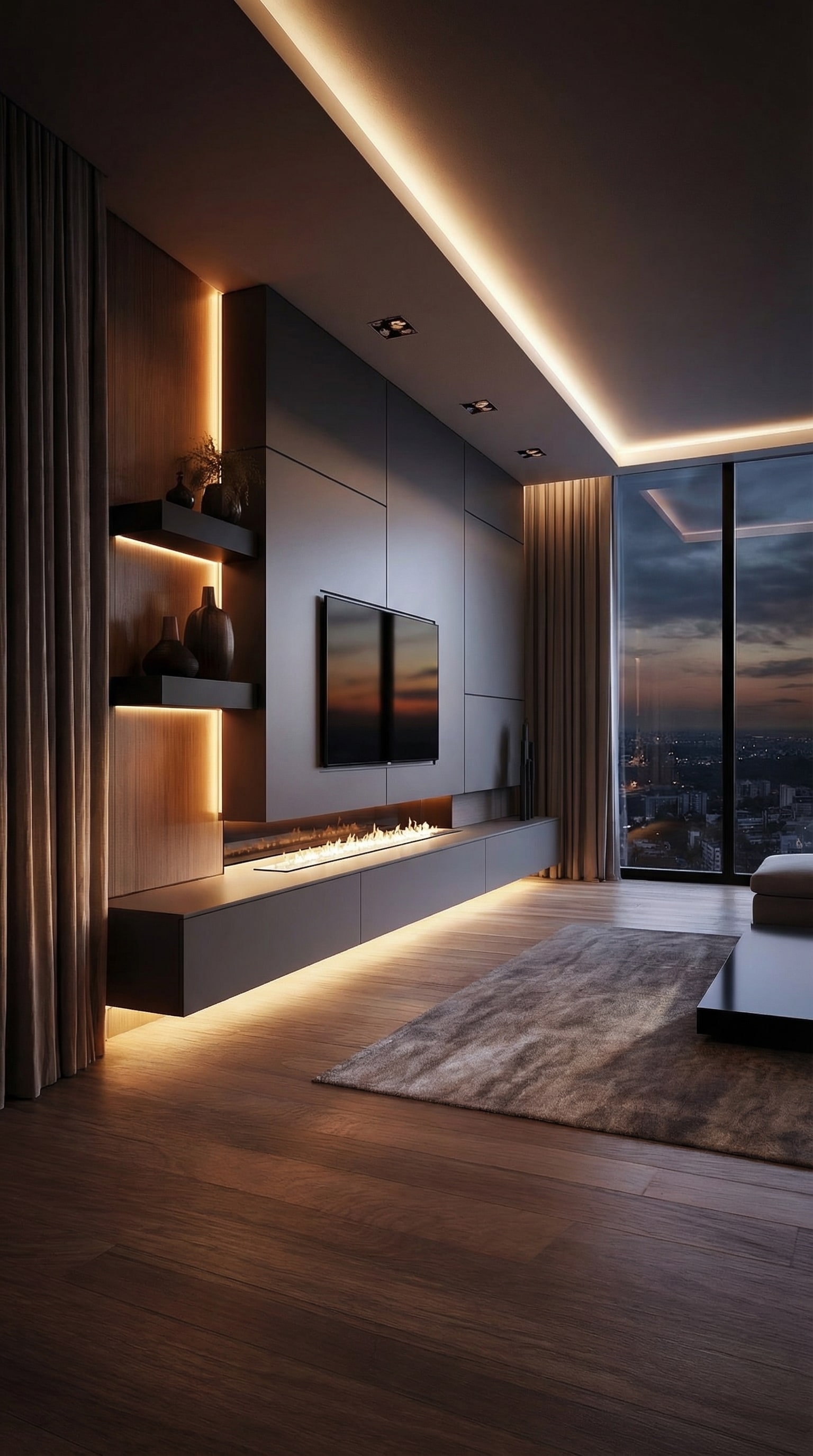 Meuble TV Livitalia C102 luxueux avec &eacute;clairage LED indirect int&eacute;gr&eacute; dans un salon moderne