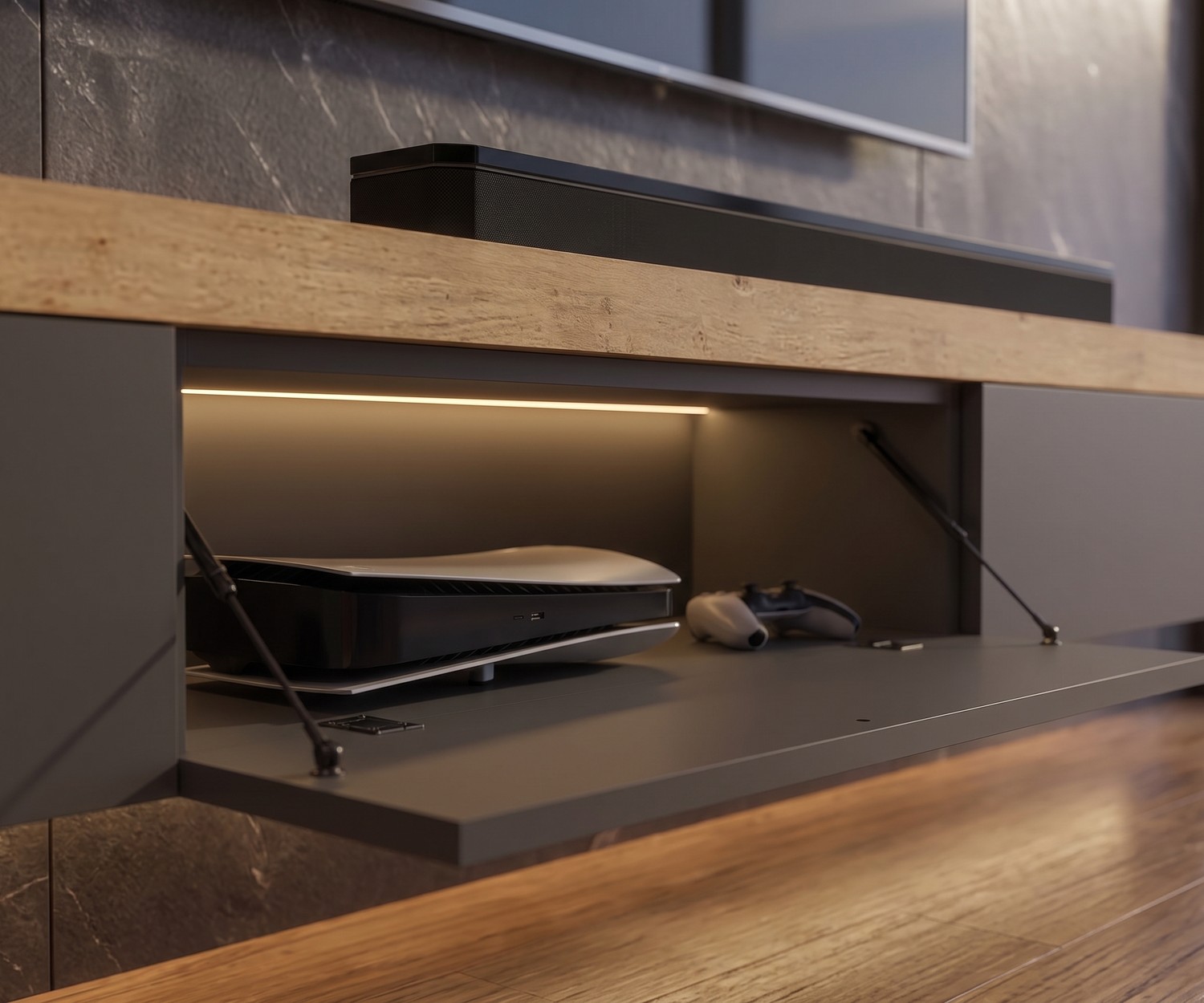 Meuble TV de salon gris avec un plateau en bois épais et un compartiment éclairé pour console par Livitalia.
