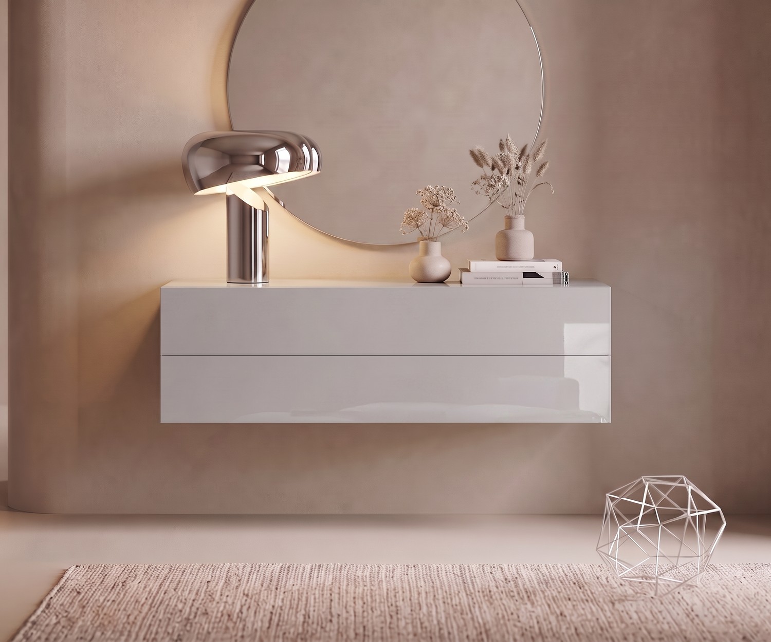 Commode suspendue Easy par Novamobili en gris clair Commode suspendue Easy par Novamobili pour l'entrée, meuble suspendu gris clair de style minimaliste et moderne