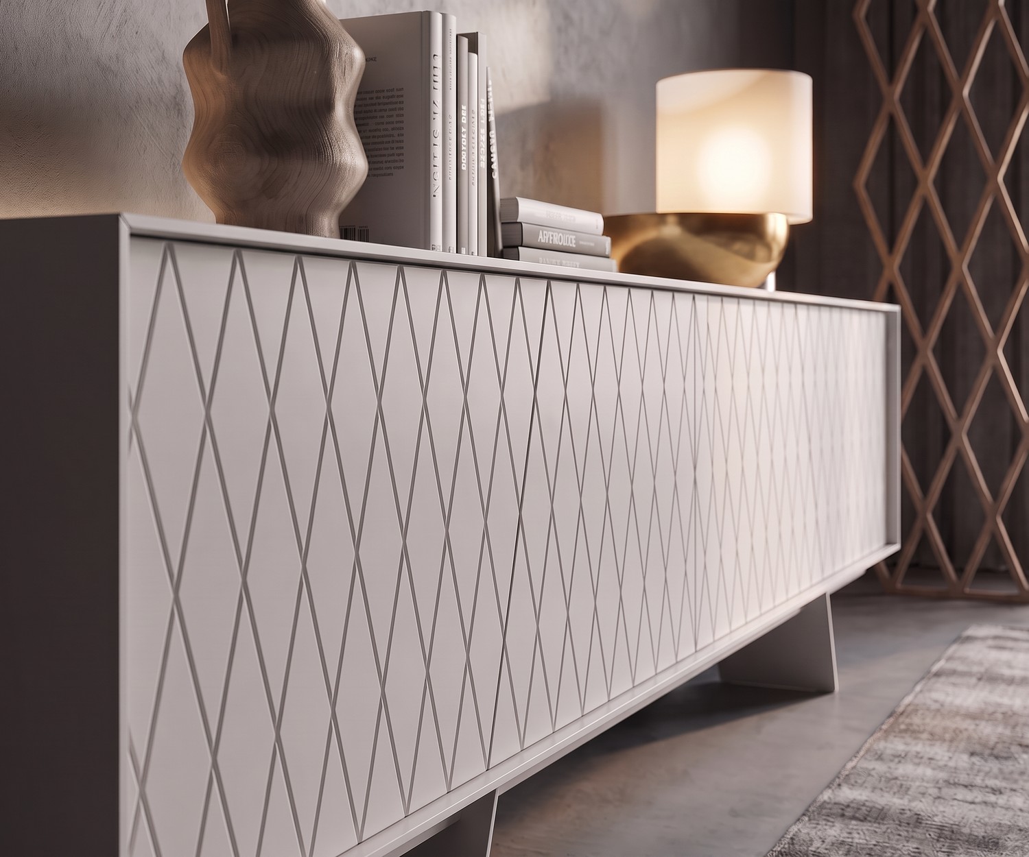 Buffet design blanc e-klipse 003 avec motif losanges Buffet al2 e-klipse 003 de salon. Buffet design blanc avec motif de losanges, déco en bois et lampe de style moderne.