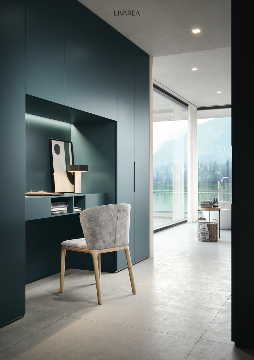 Armoire à portes coulissantes exclusive en turquoise avec niche pour bureau comme bureau à domicile