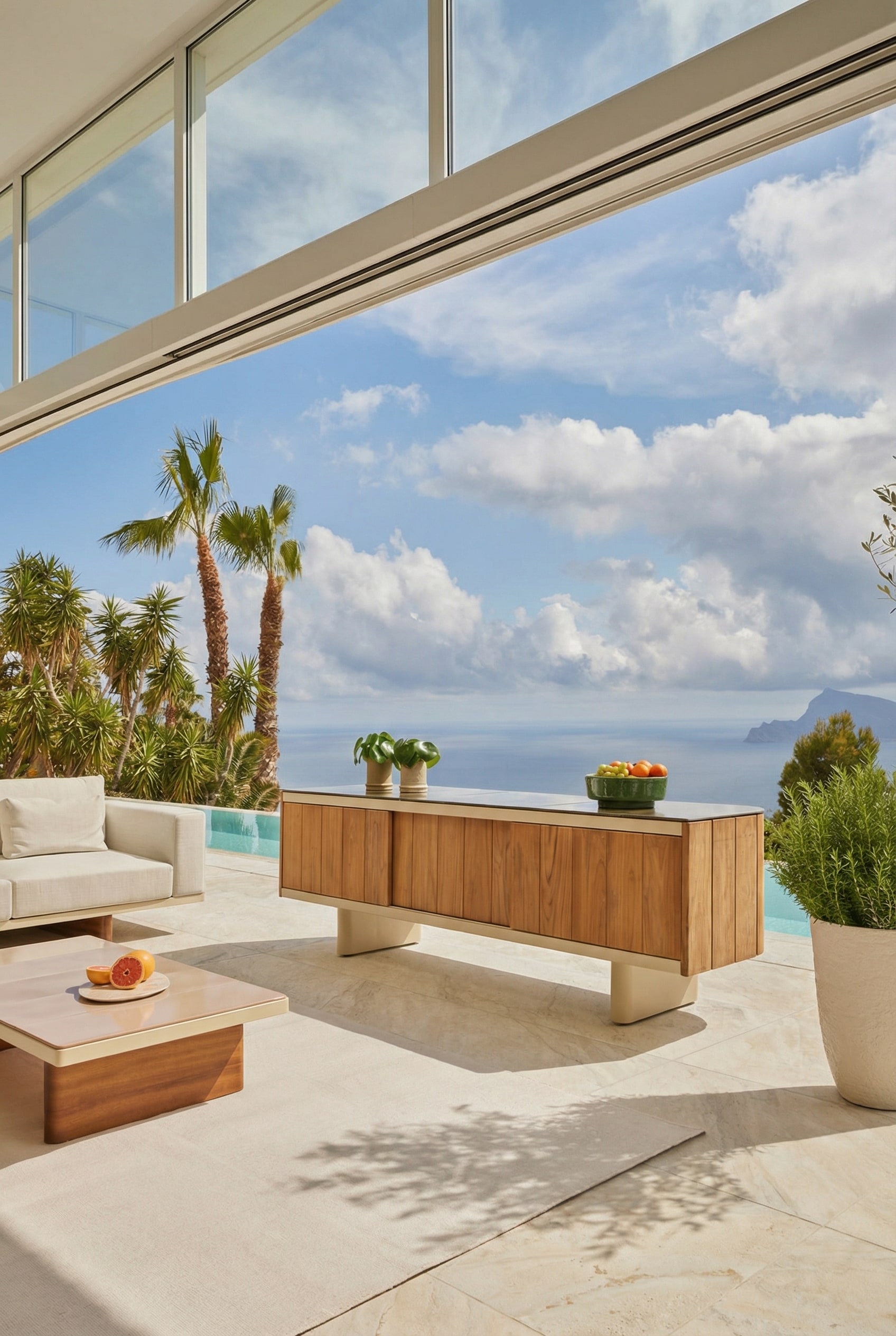 Buffet d'extérieur en bois résistant aux intempéries sur une terrasse Buffet d'extérieur en bois résistant aux intempéries sur une terrasse