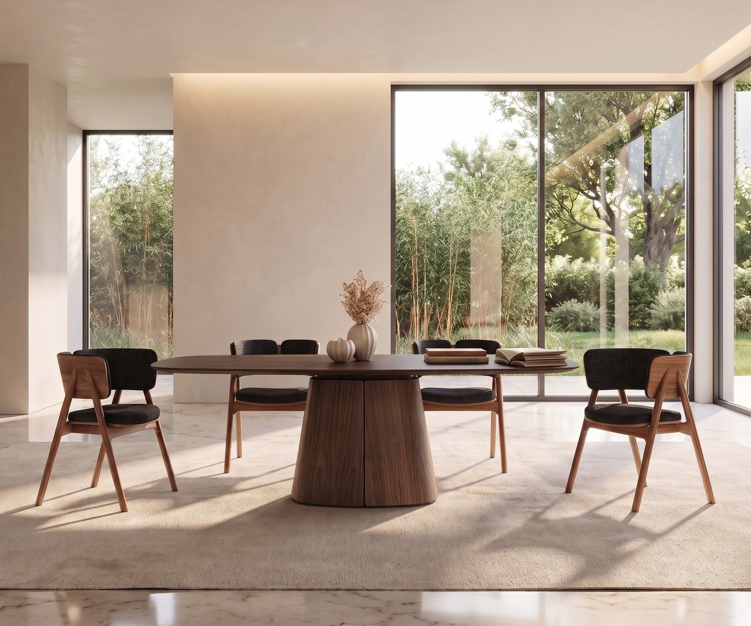 Table de repas ovale en bois al2 tessera 001 dans une salle à manger moderne et lumineuse avec chaises design.