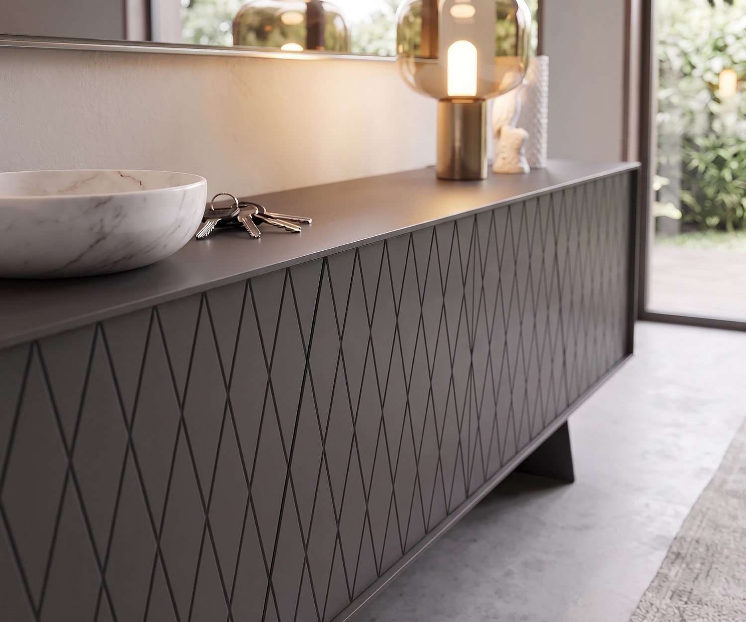 Buffet design al2 e-klipse 003 avec motif losange Buffet design al2 e-klipse 003 avec motif losange dans une entrée. Enfilade gris foncé avec coupelle en marbre.