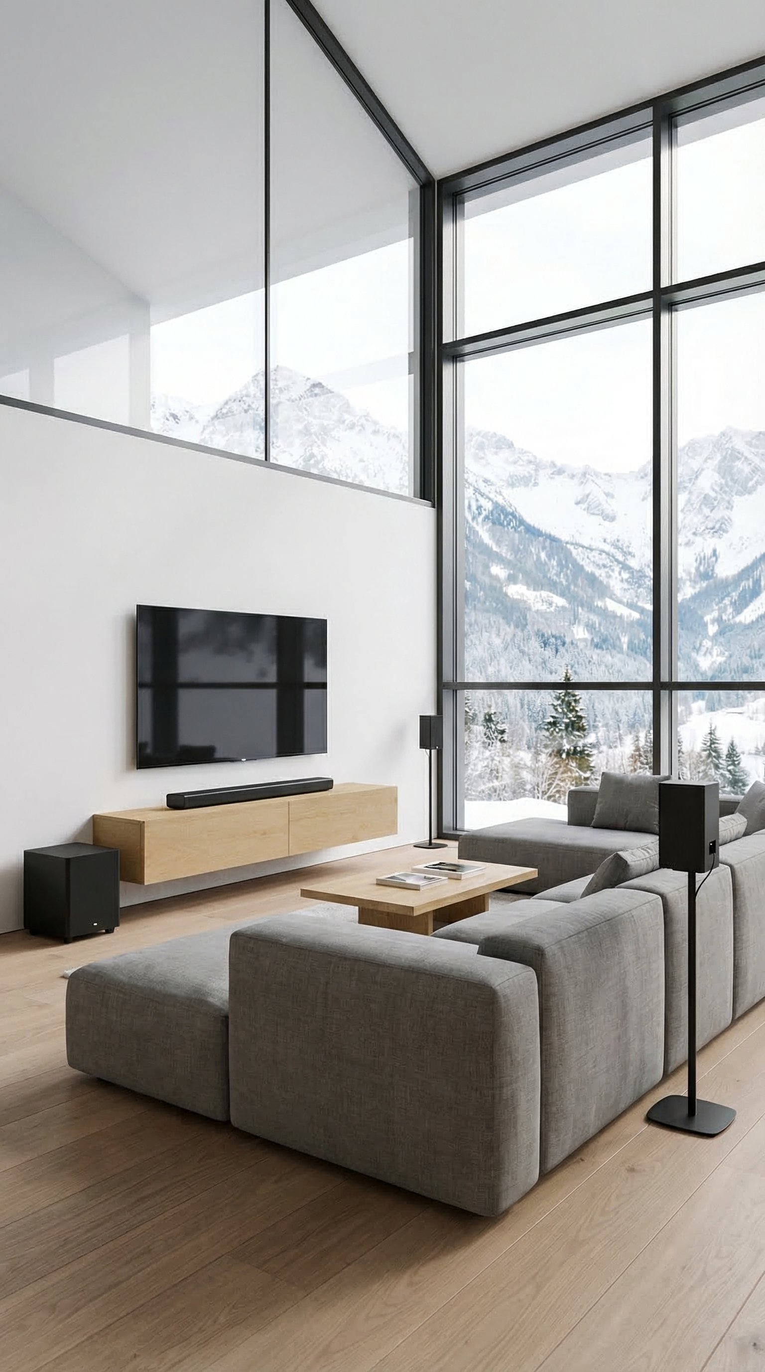Un meuble TV bas flottant en placage de chêne véritable devant un mur blanc, combiné à un téléviseur moderne. Un meuble TV bas flottant en placage de chêne véritable devant un mur blanc, combiné à un téléviseur moderne.