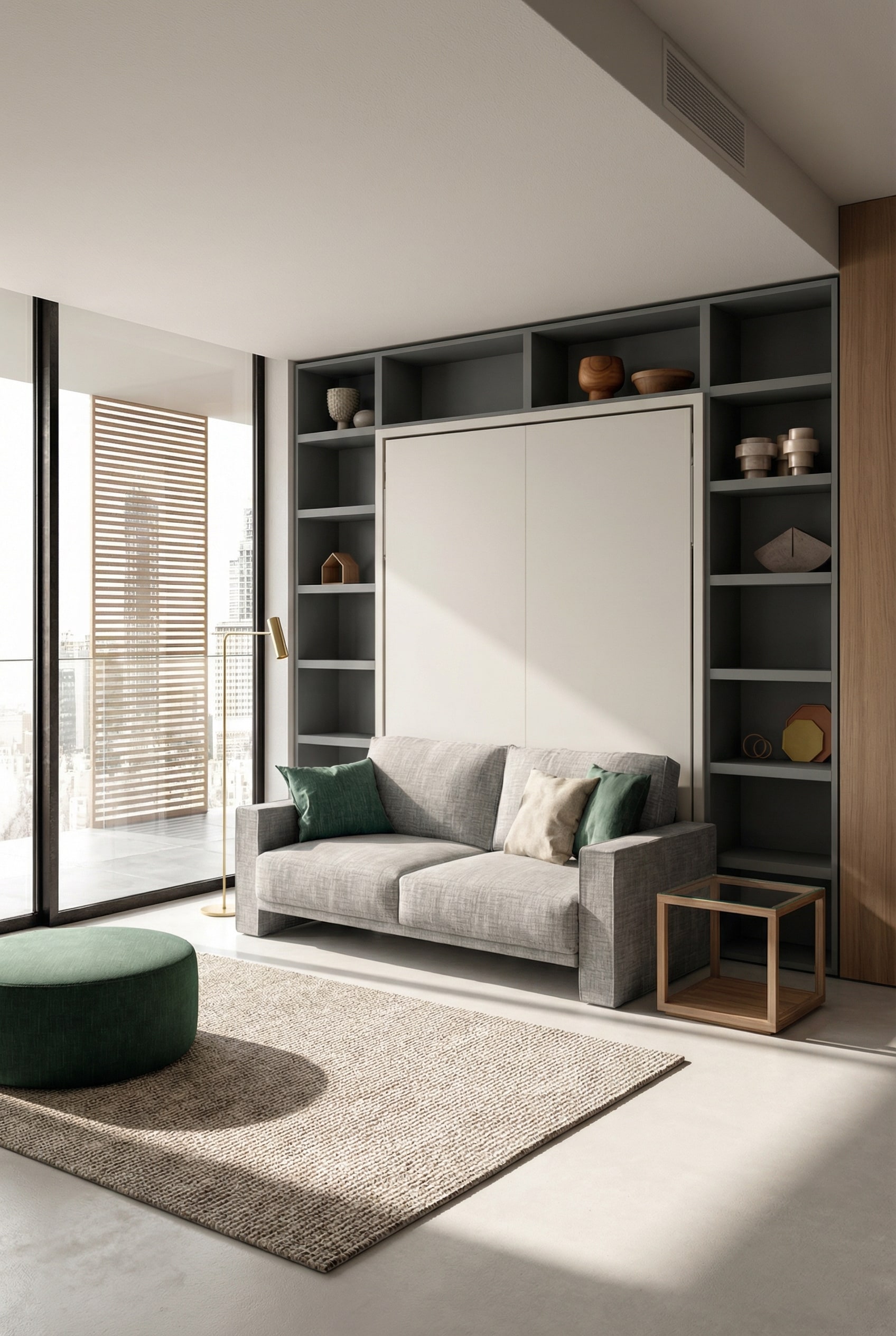 Lit escamotable &eacute;l&eacute;gant avec canap&eacute; int&eacute;gr&eacute; dans un studio meubl&eacute; de fa&ccedil;on moderne
