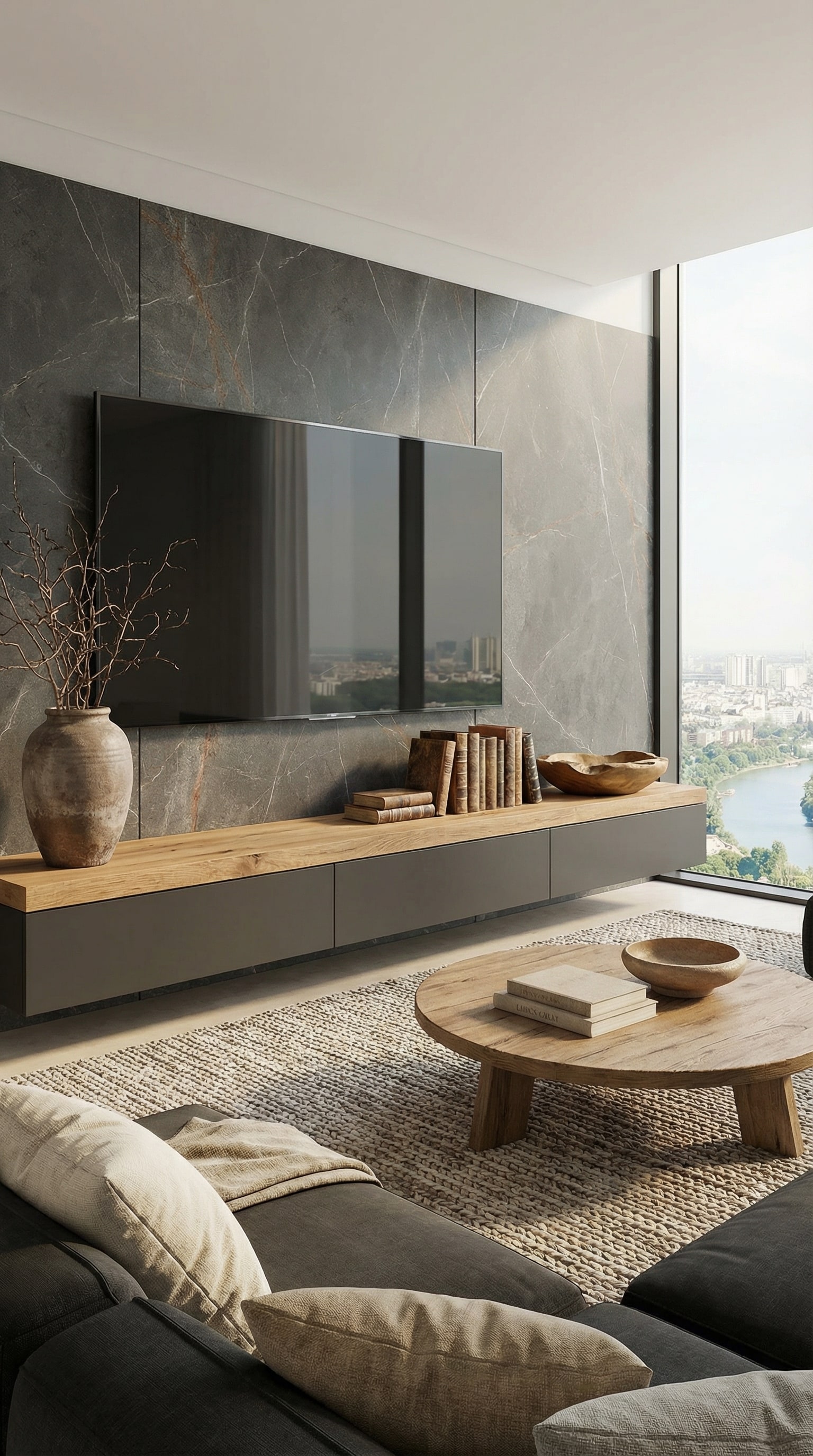 Lowboard en bois massif avec un plateau &eacute;pais dans un salon moderne