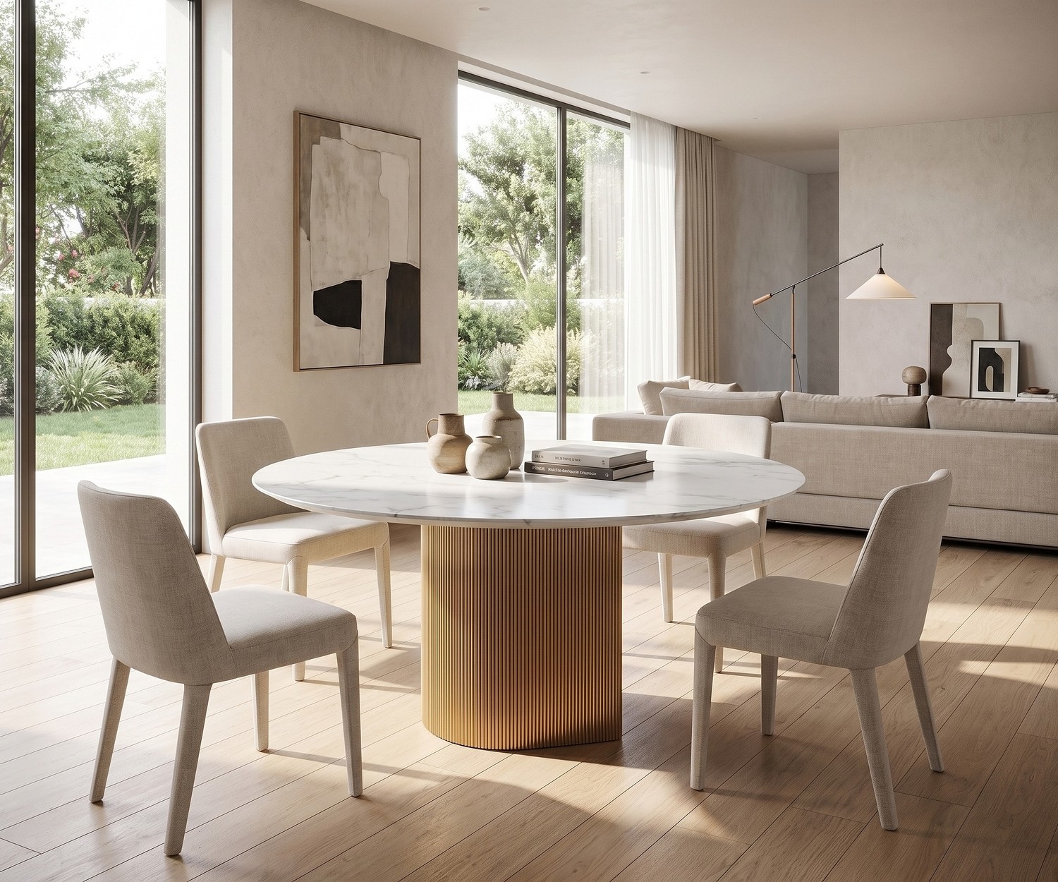 Table à manger ronde al2 dakry br 001 avec pied central cannelé Table à manger ronde al2 dakry br 001 pour salle à manger moderne, plateau marbre blanc et pied central doré cannelé.