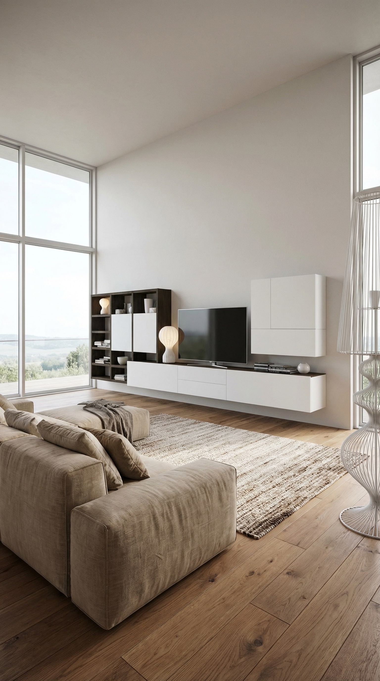 Meuble TV Livitalia C96B contrasté avec façades laquées blanches et étagères en bois foncé dans une pièce lumineuse Meuble TV Livitalia C96B contrasté avec façades laquées blanches et étagères en bois foncé dans une pièce lumineuse