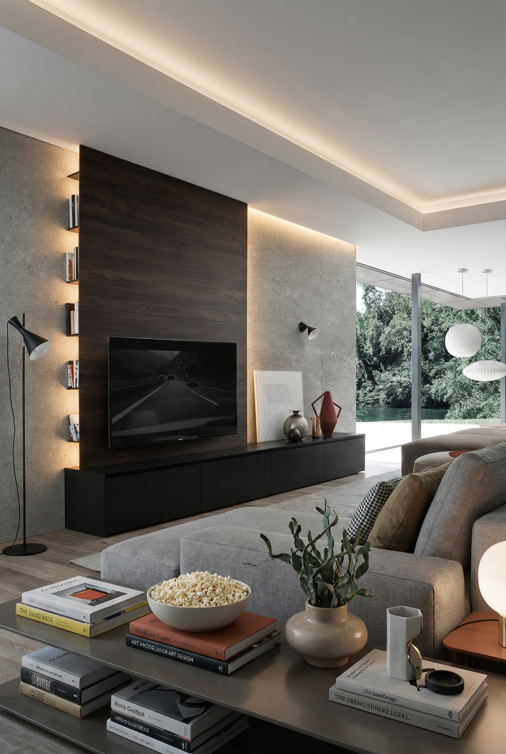 Panneau mural TV flottant Novamobili Reverse avec compartiments d'étagères latéraux cachés dans un salon minimaliste. Panneau mural TV flottant Novamobili Reverse avec compartiments d'étagères latéraux cachés dans un salon minimaliste.