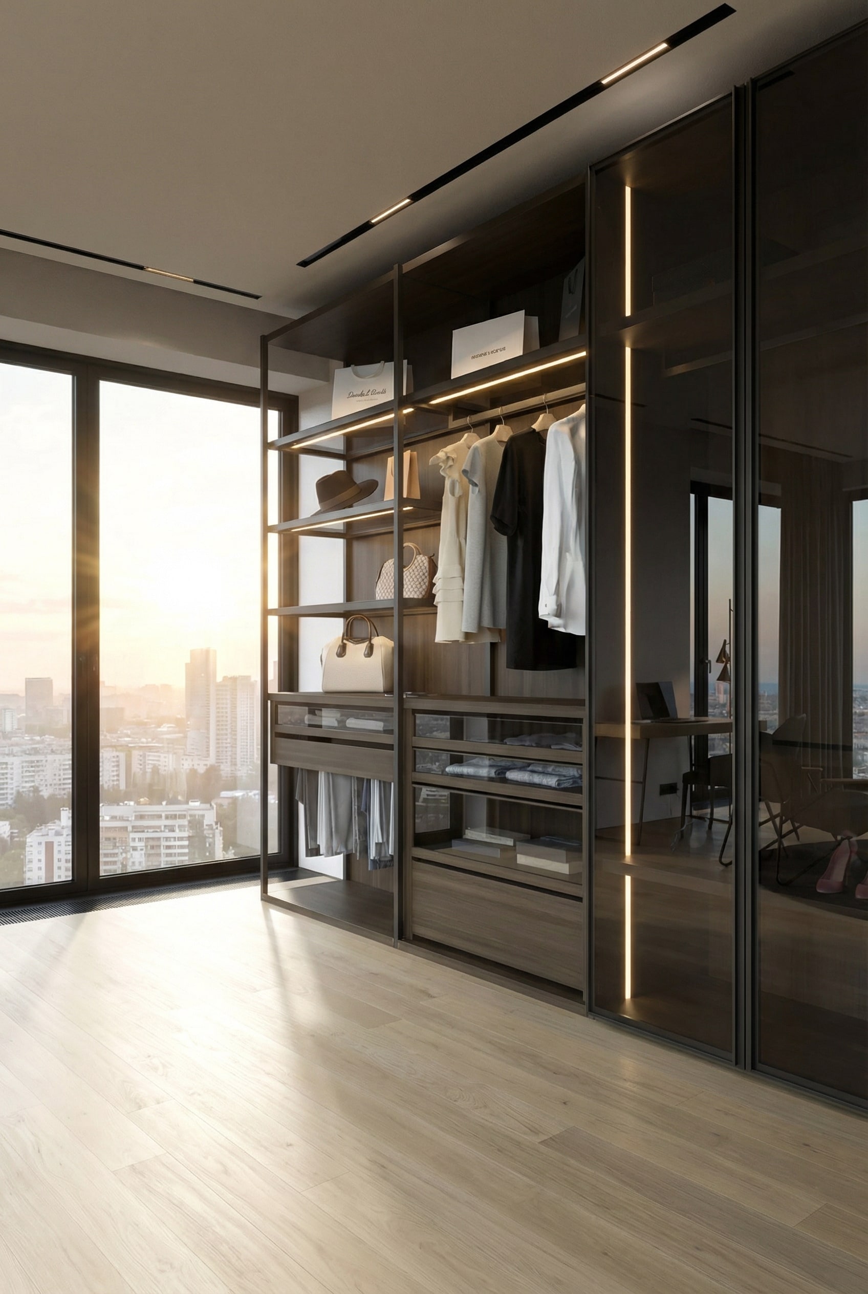 Dressing &eacute;l&eacute;gant avec des portes en verre gris fum&eacute; de style boutique