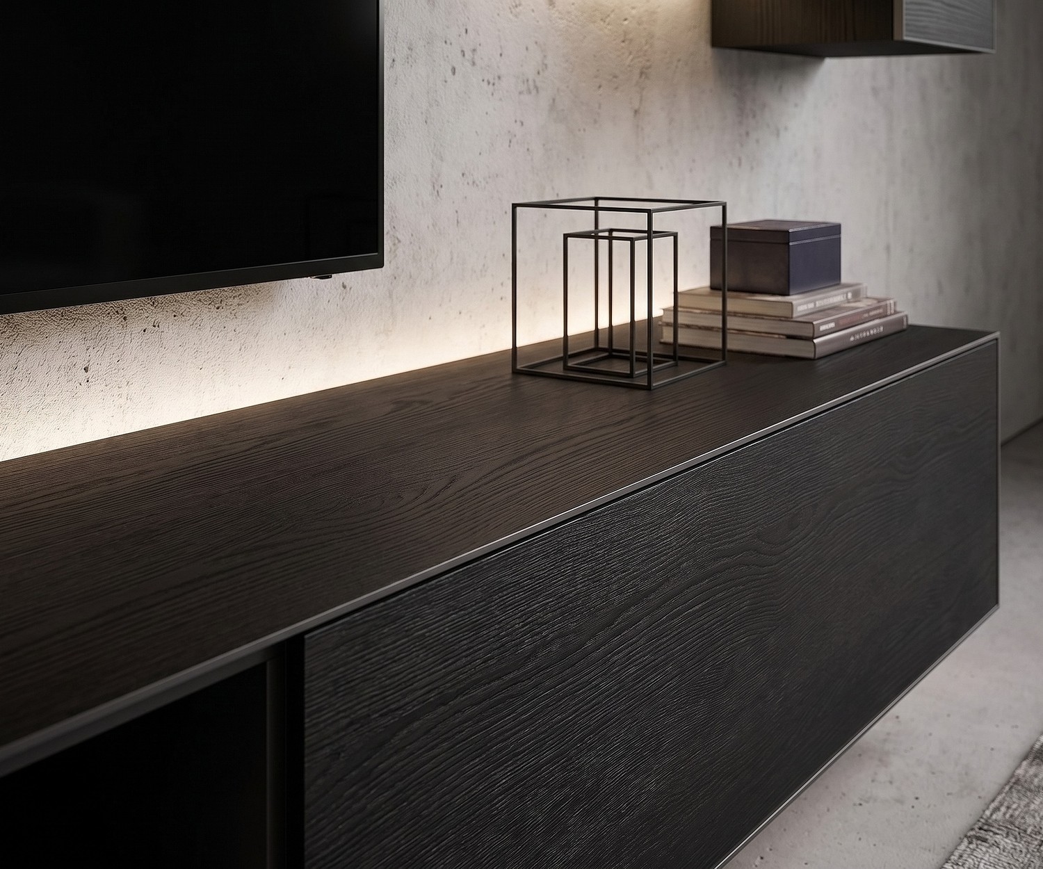Meuble TV Lowboard Minimal Livitalia en Chêne Foncé Meuble TV lowboard Minimal Livitalia en chêne foncé avec éclairage LED rétroéclairé pour salon moderne.