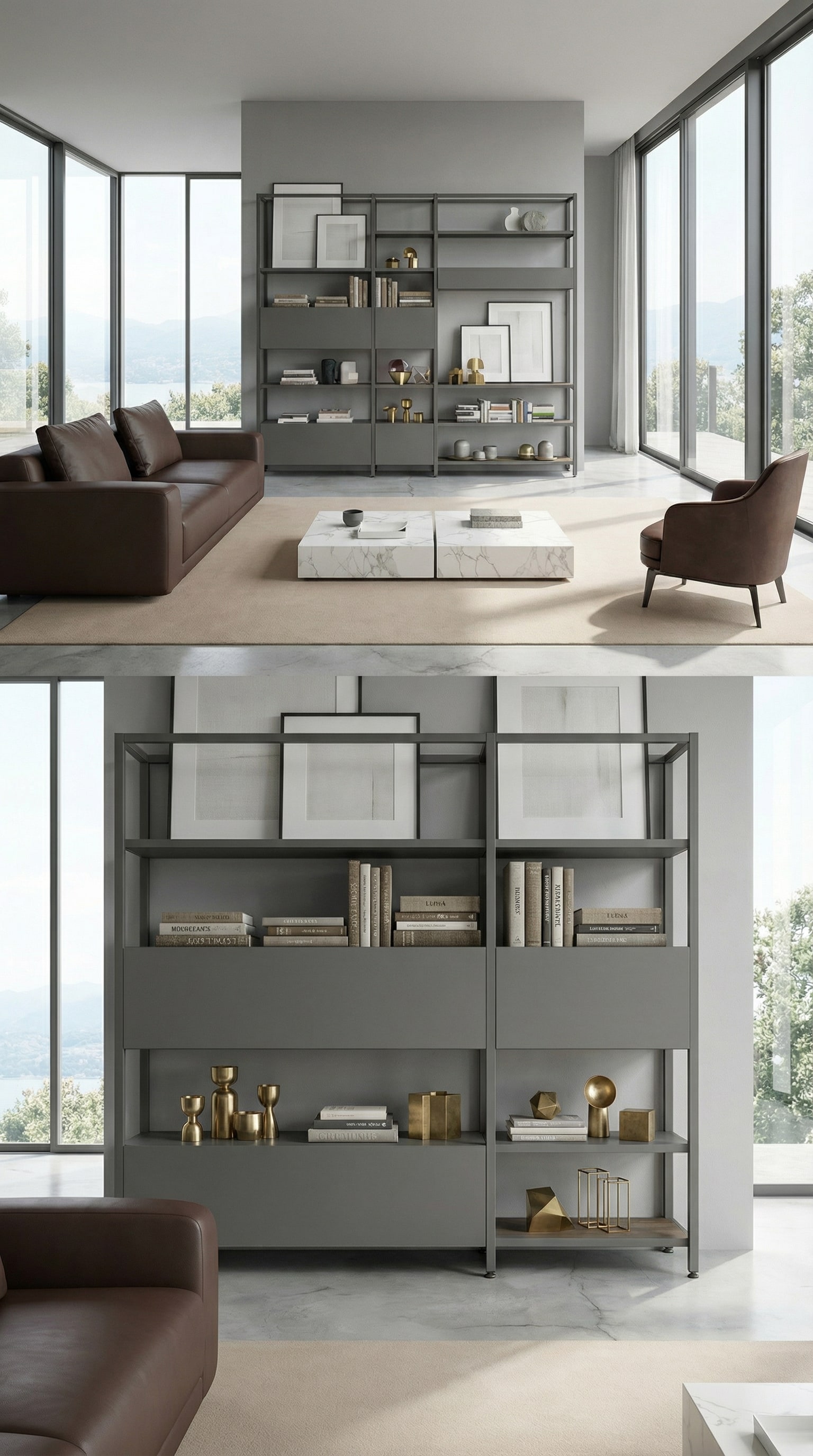 Élégante étagère métal-bois avec décoration étagée en profondeur Élégante étagère métal-bois avec décoration étagée en profondeur