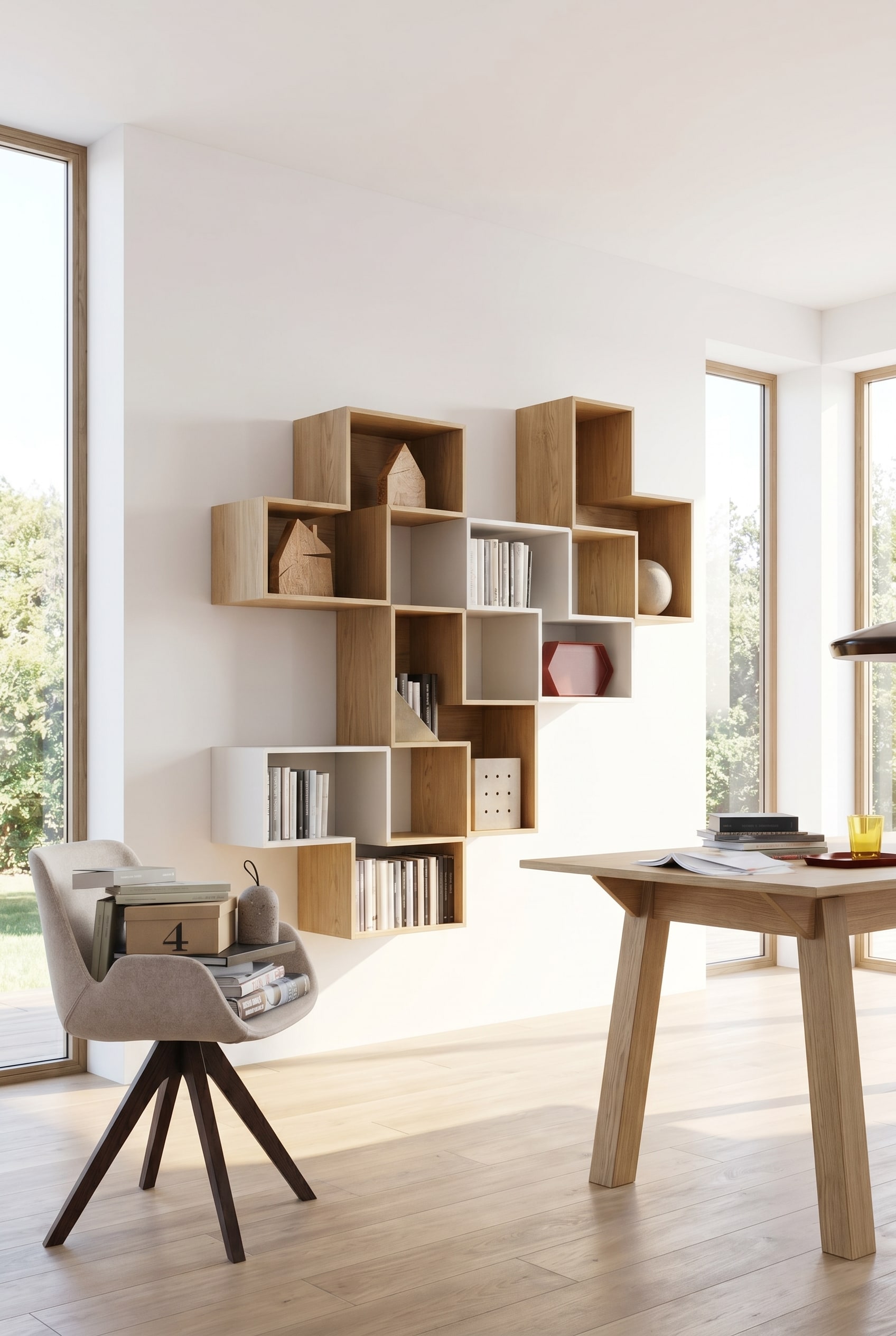 Helles Arbeitszimmer mit einem verschachtelten, offenen Livitalia Wandregal Tetris aus Eichenholz und Mattlack an einer wei&szlig;en Wand