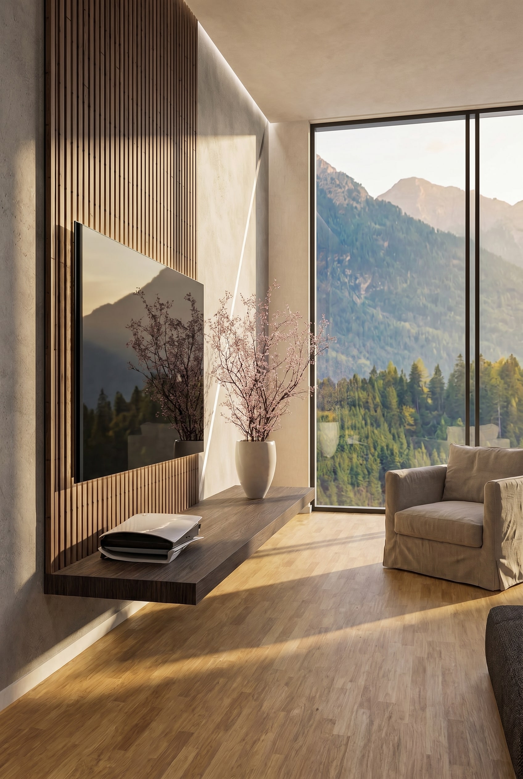 Wohnwand mit flachem Lowboard und vertikalen Holzlamellen mit Hintergrundbeleuchtung Wohnwand mit flachem Lowboard und vertikalen Holzlamellen mit Hintergrundbeleuchtung