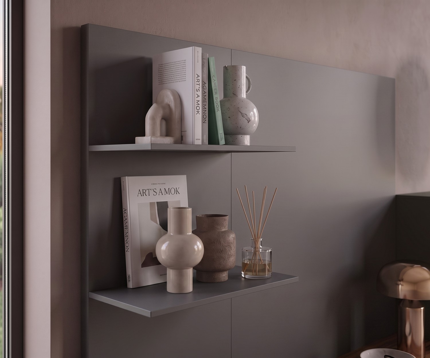 Étagère murale Novamobili Easy 9 pour livres et déco dans l'entrée ou le salon, style minimaliste en gris mat.