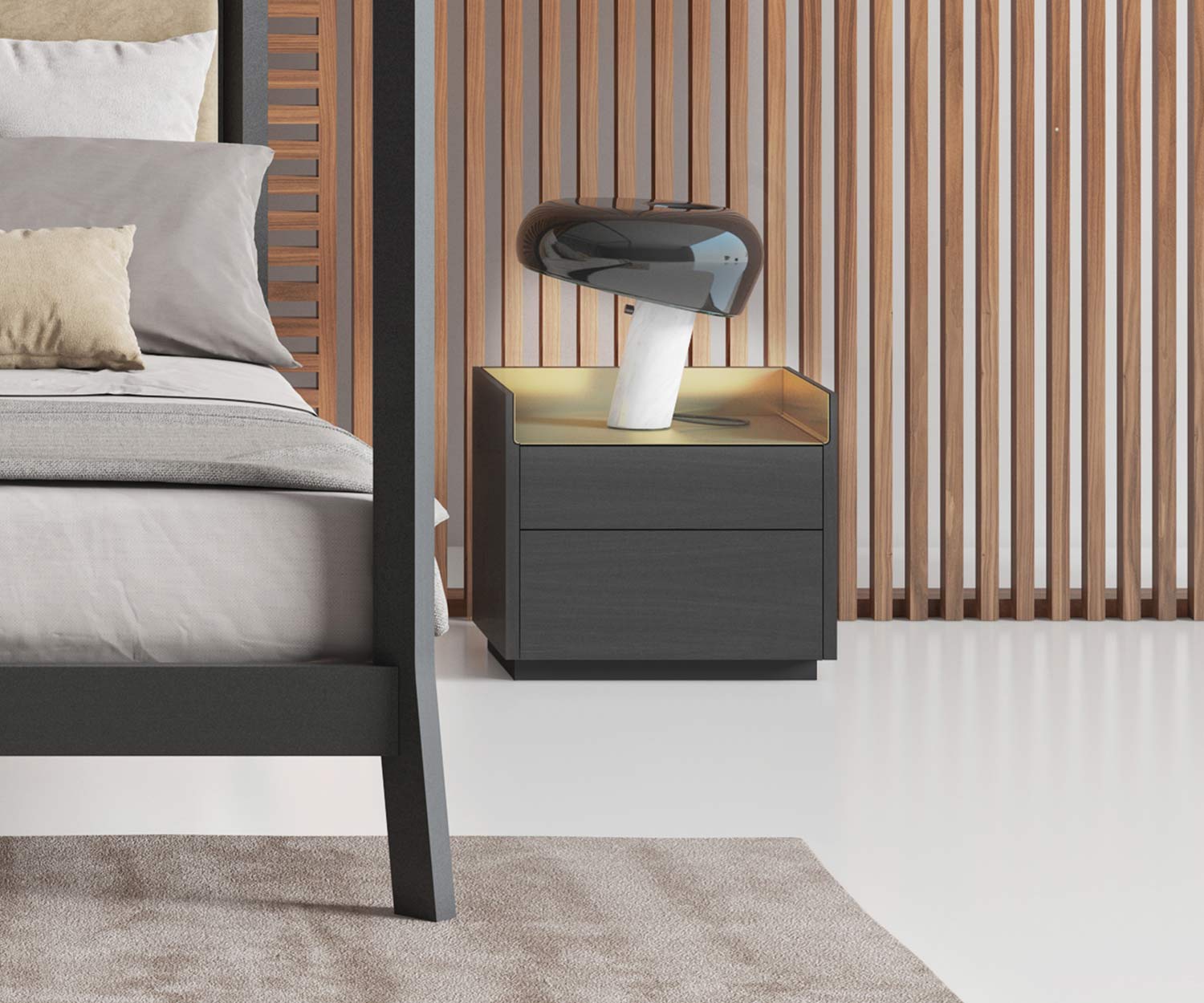 Table de chevet design exclusive avec lampe de chevet plaquée à côté du lit dans la chambre à coucher Table de chevet design exclusive avec lampe de chevet plaquée à côté du lit dans la chambre à coucher