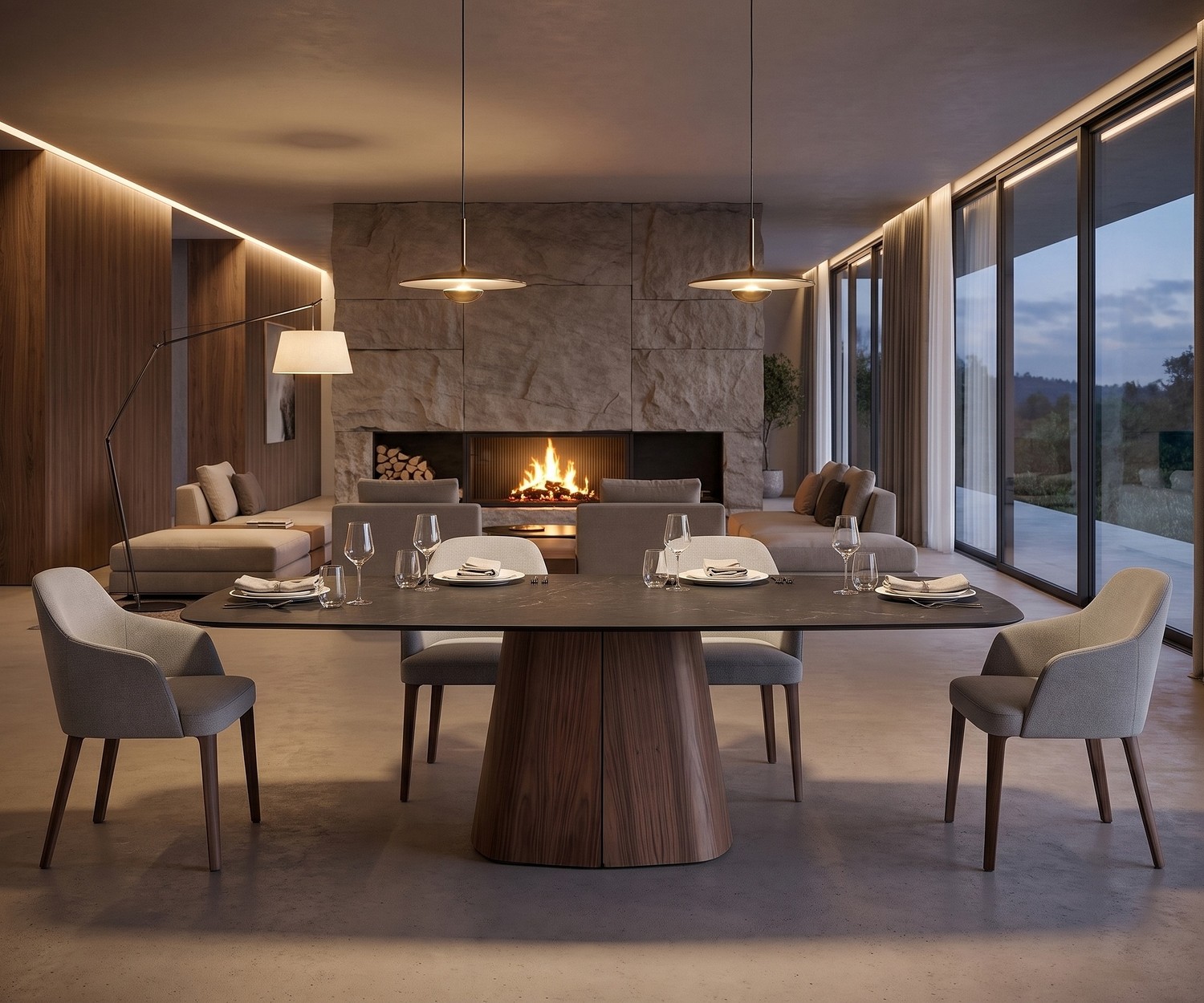 Table de repas ovale al2 tessera 001 avec plateau céramique et pied en bois dans une salle à manger moderne avec cheminée.