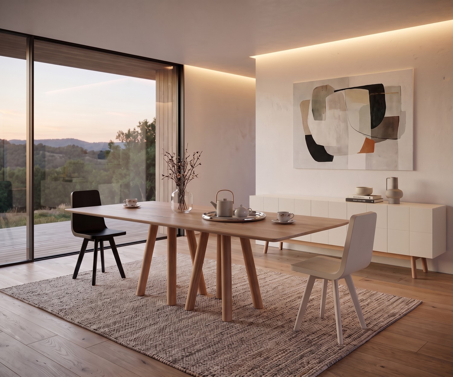 Table de repas design en bois massif mos-i-ko 001 a Table à manger design mos-i-ko 001 a en bois massif dans une salle à manger épurée avec chaises et tapis beige.