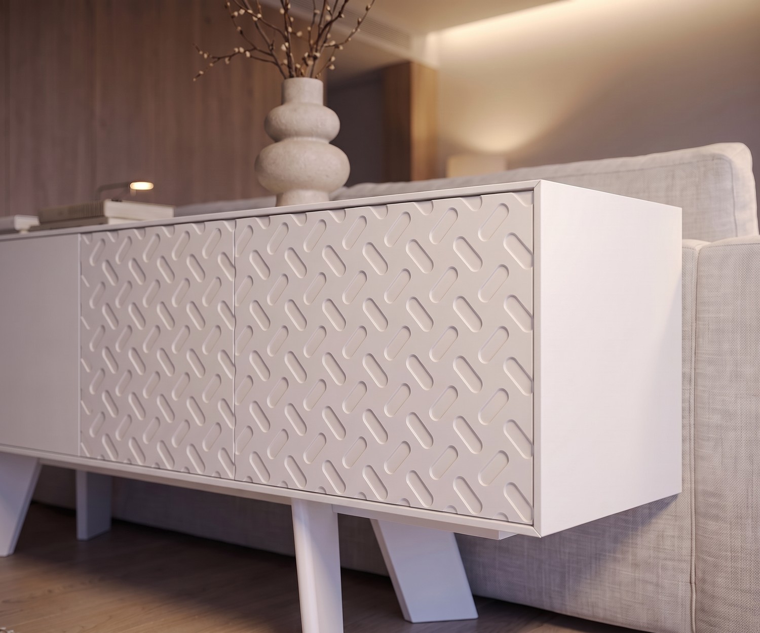 Buffet al2 Alhambra 003 pour le salon avec portes texturées blanches, design moderne à côté d'un canapé clair.