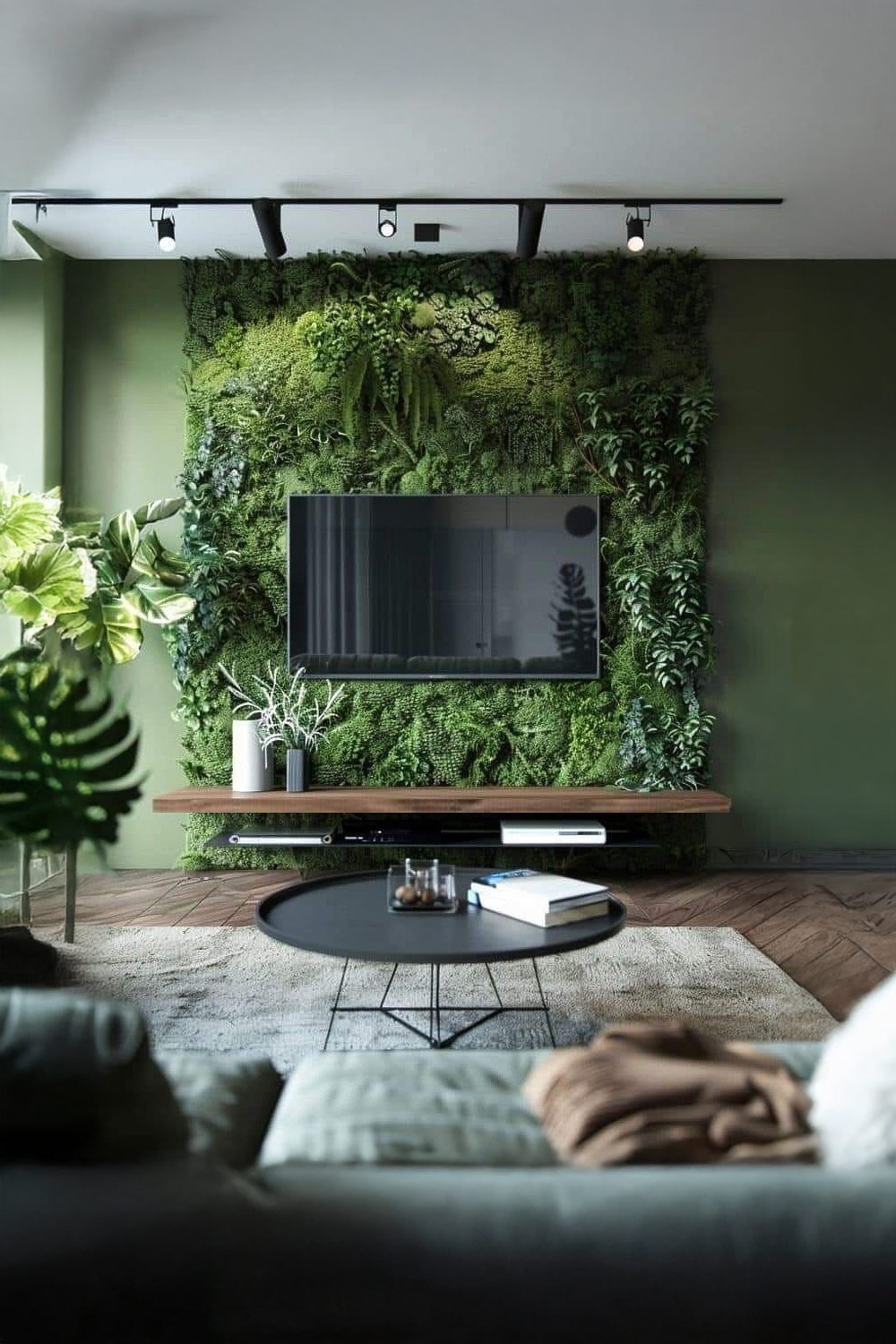 mur de mousse avec TV et &eacute;tag&egrave;res murales design suspendues dans un salon moderne