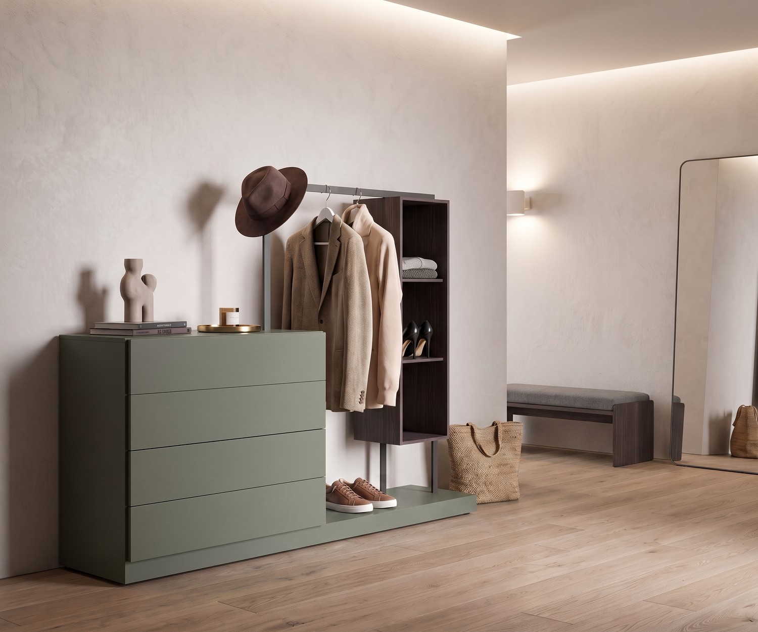 Commode d'entrée avec penderie intégrée Easy 4, meuble vestiaire vert sauge design avec tiroirs et tringle à vêtements