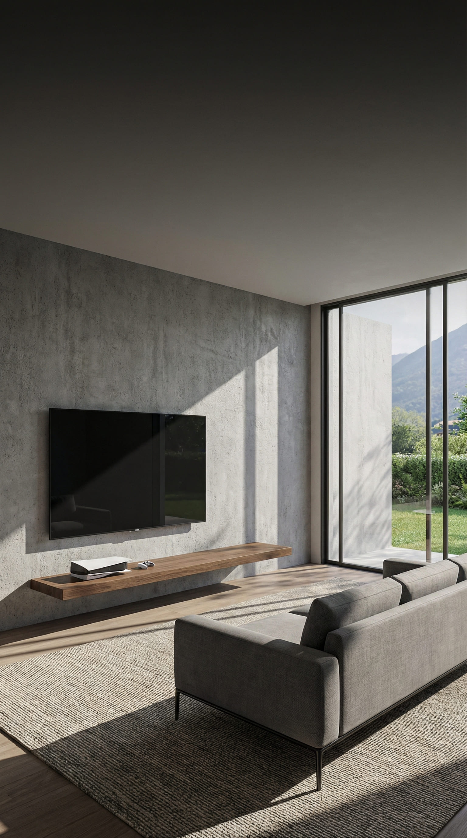 Étagère murale minimaliste en chêne foncé flottant sous la télévision Étagère murale minimaliste en chêne foncé flottant sous la télévision