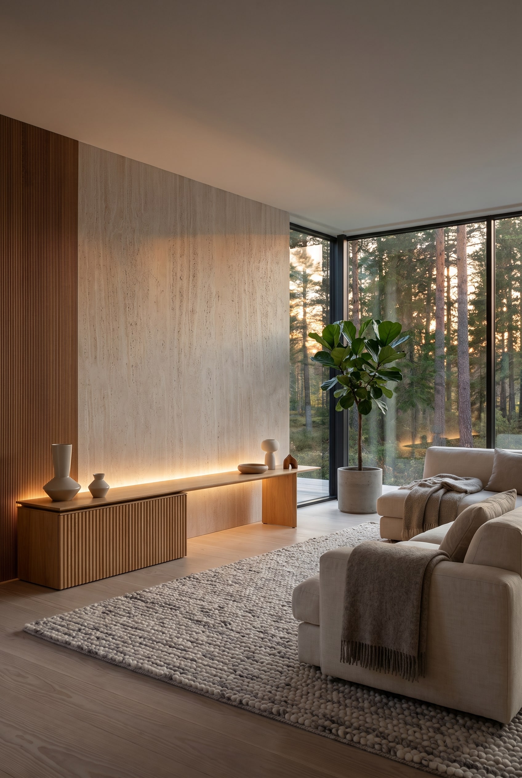 Minimalistisches Wohnzimmer mit hellem Holz-Sideboard Minimalistisches Wohnzimmer mit hellem Holz-Sideboard