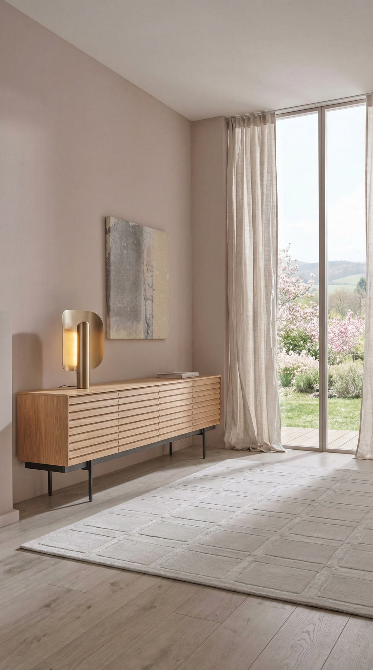 Buffet clair en bois avec fa&ccedil;ades &agrave; lattes devant un mur couleur poudre
