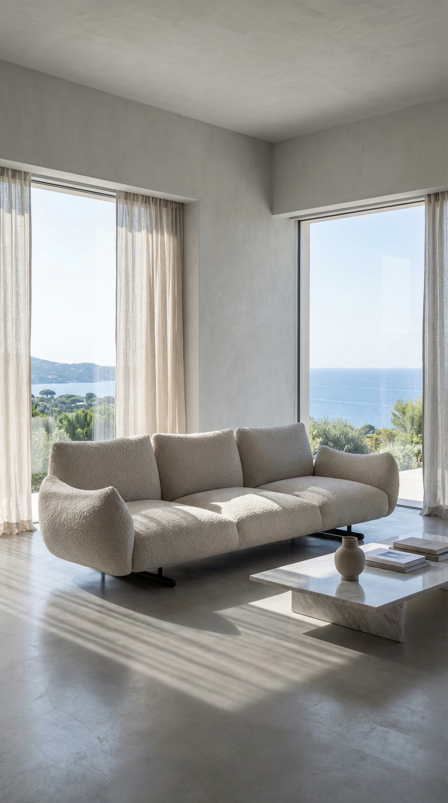Canap&eacute; boucl&eacute; beige volumineux Prostoria Buffa dans un salon moderne