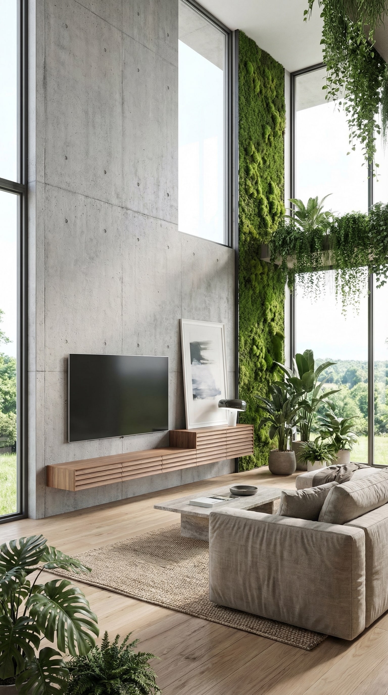 Meuble bas suspendu avec une fa&ccedil;ade &agrave; lamelles &eacute;l&eacute;gante sur un mur en b&eacute;ton apparent dans un salon moderne.