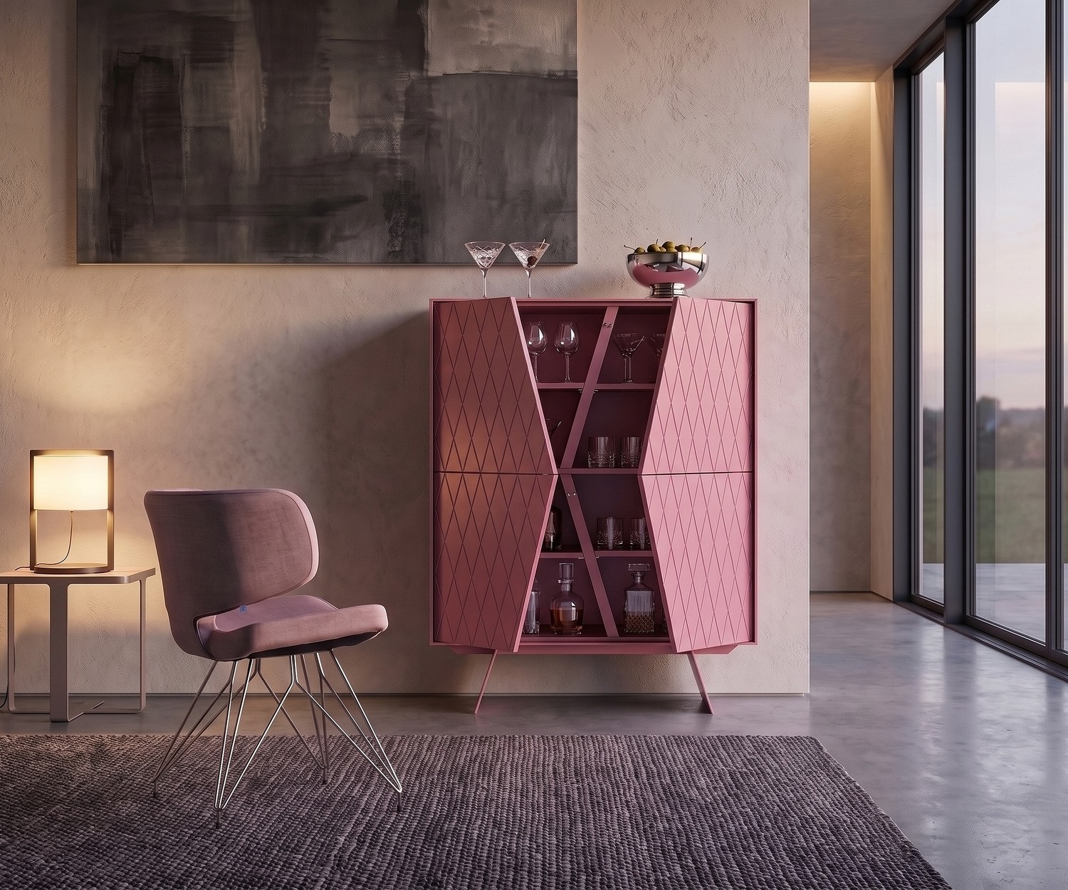 Buffet haut al2 e-klipse 009 avec motif losanges Buffet haut al2 e-klipse 009 meuble bar de salon, design élégant rose mat avec portes à motif de losanges.