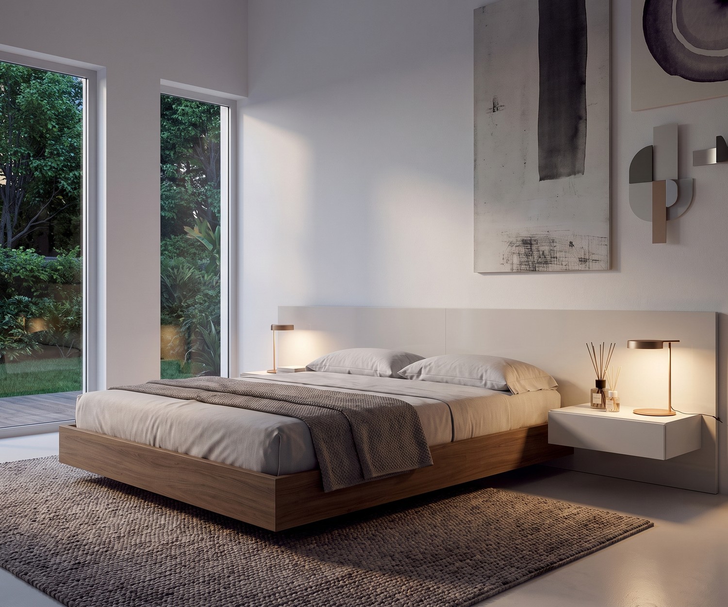 Table de chevet suspendue Easy 1 tiroir Novamobili Table de chevet suspendue Novamobili Easy à 1 tiroir, fixée au lit dans une chambre moderne et minimaliste blanche.