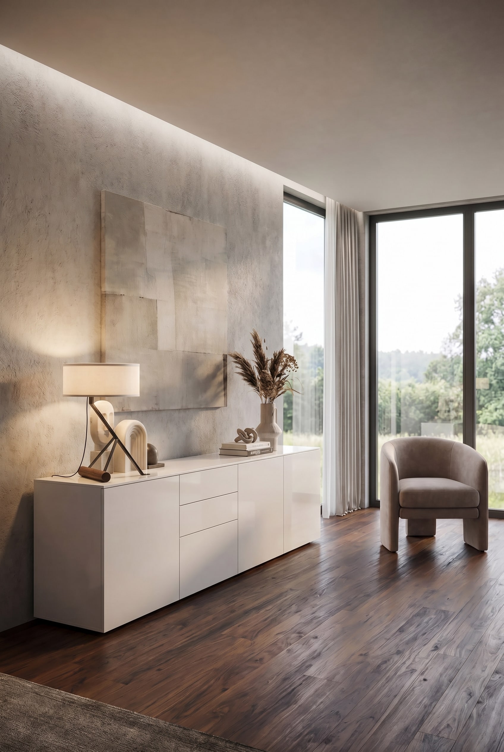 Modernes Wohnzimmer mit minimalistischem Aufbewahrungsmöbel und aufgeräumter Atmosphäre