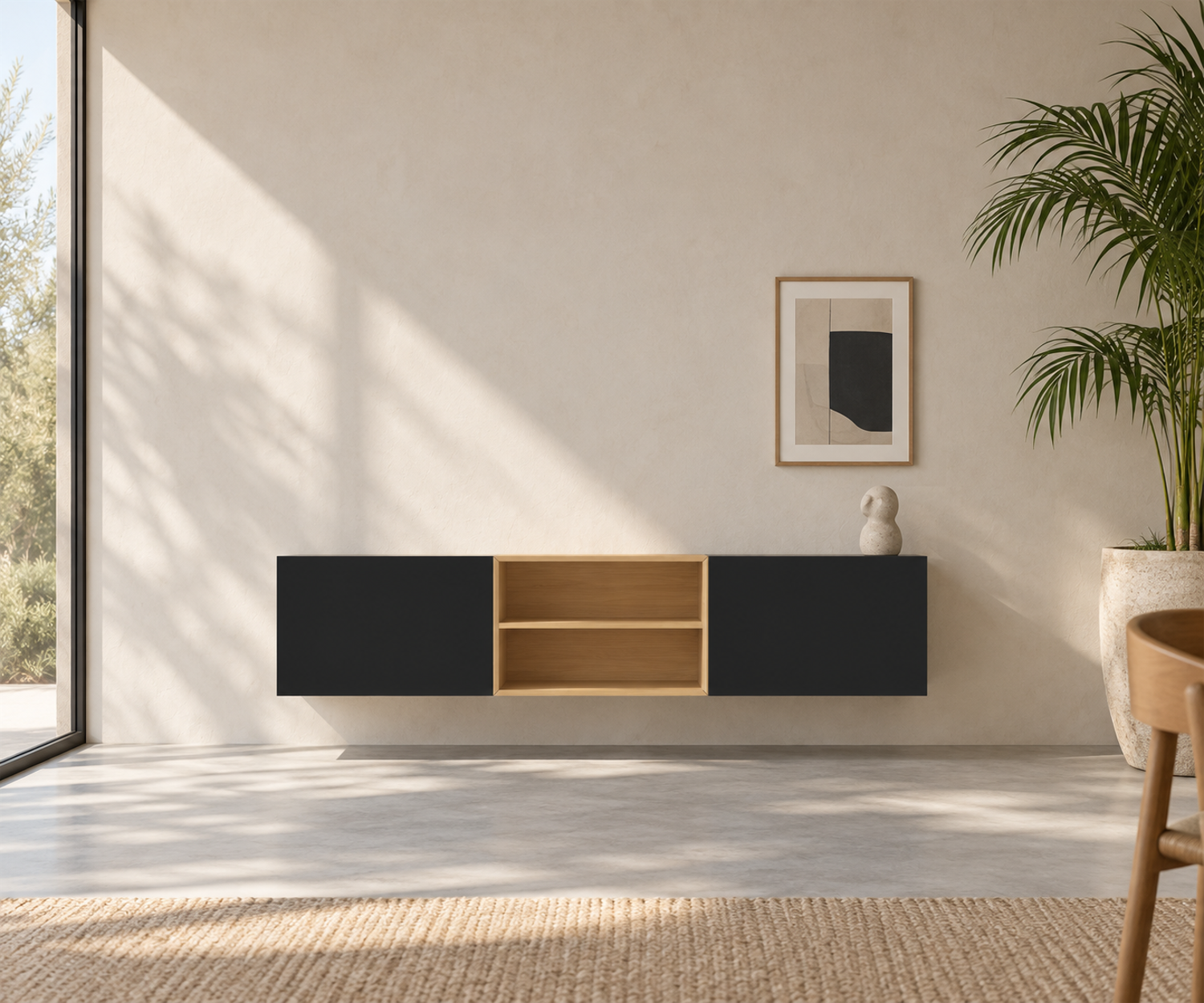 Livitalia Box 18 Buffet suspendu 180 cm – Noir mat + Chêne clair Livitalia Box 18 Buffet suspendu 180 cm – Noir mat + Chêne clair