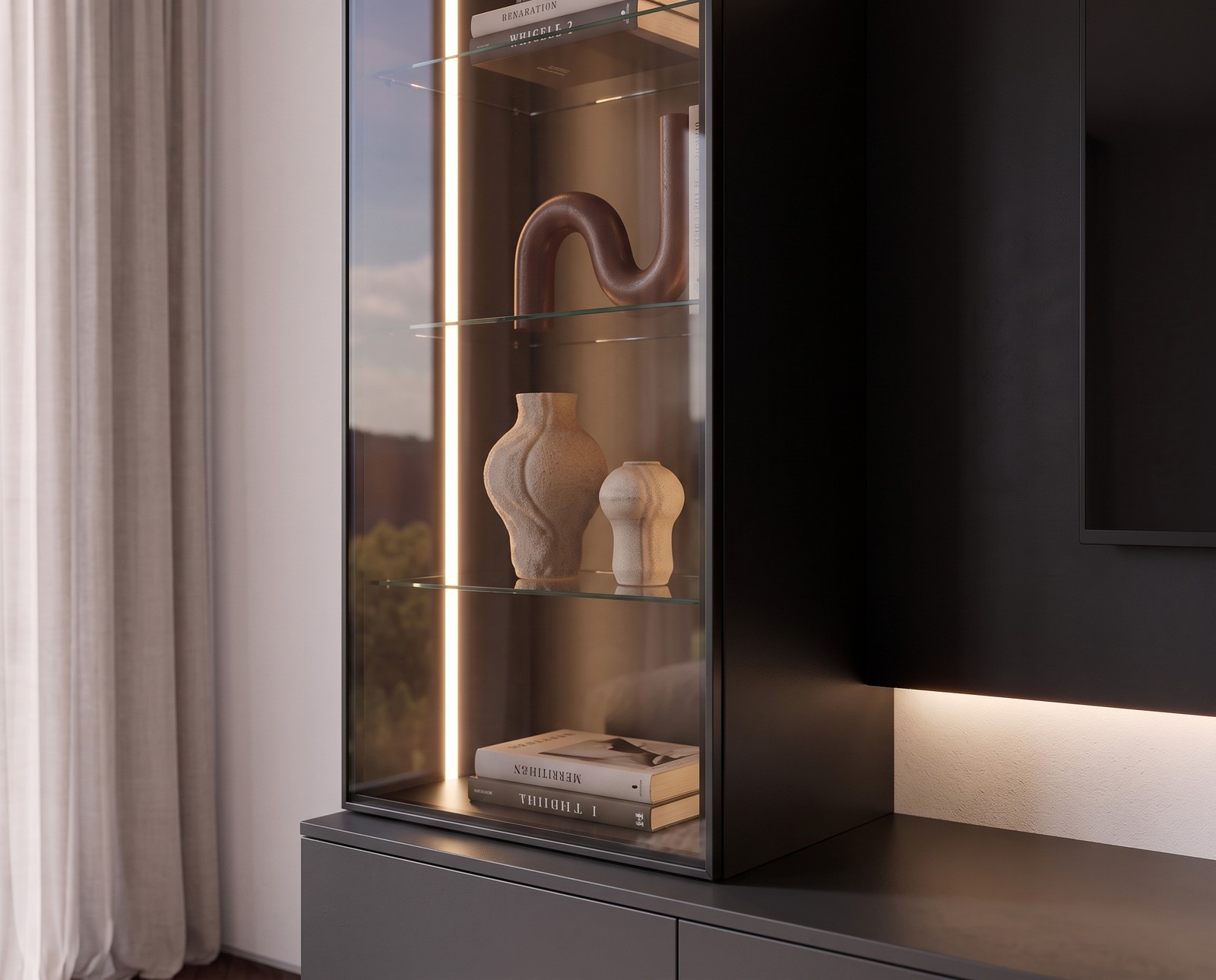 Glasvitrine mit Rauchglas und LED der Wohnwand C109 in Schwarz