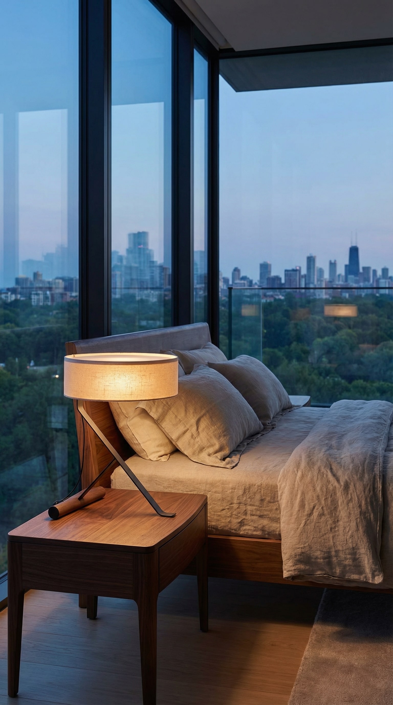 Lampe Punt Chicago sur une table de chevet élégante à côté d'un lit douillet. Lampe Punt Chicago sur une table de chevet élégante à côté d'un lit douillet.