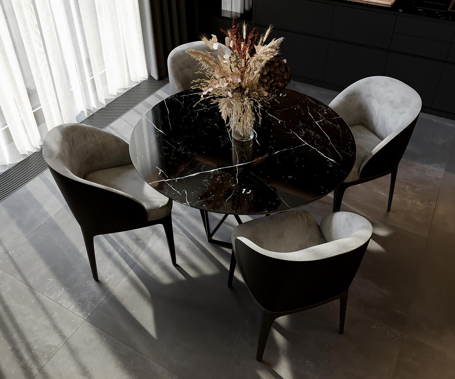 Black Black Marble Table à manger ronde avec chaise en velours Black Black Marble Table à manger ronde avec chaise en velours