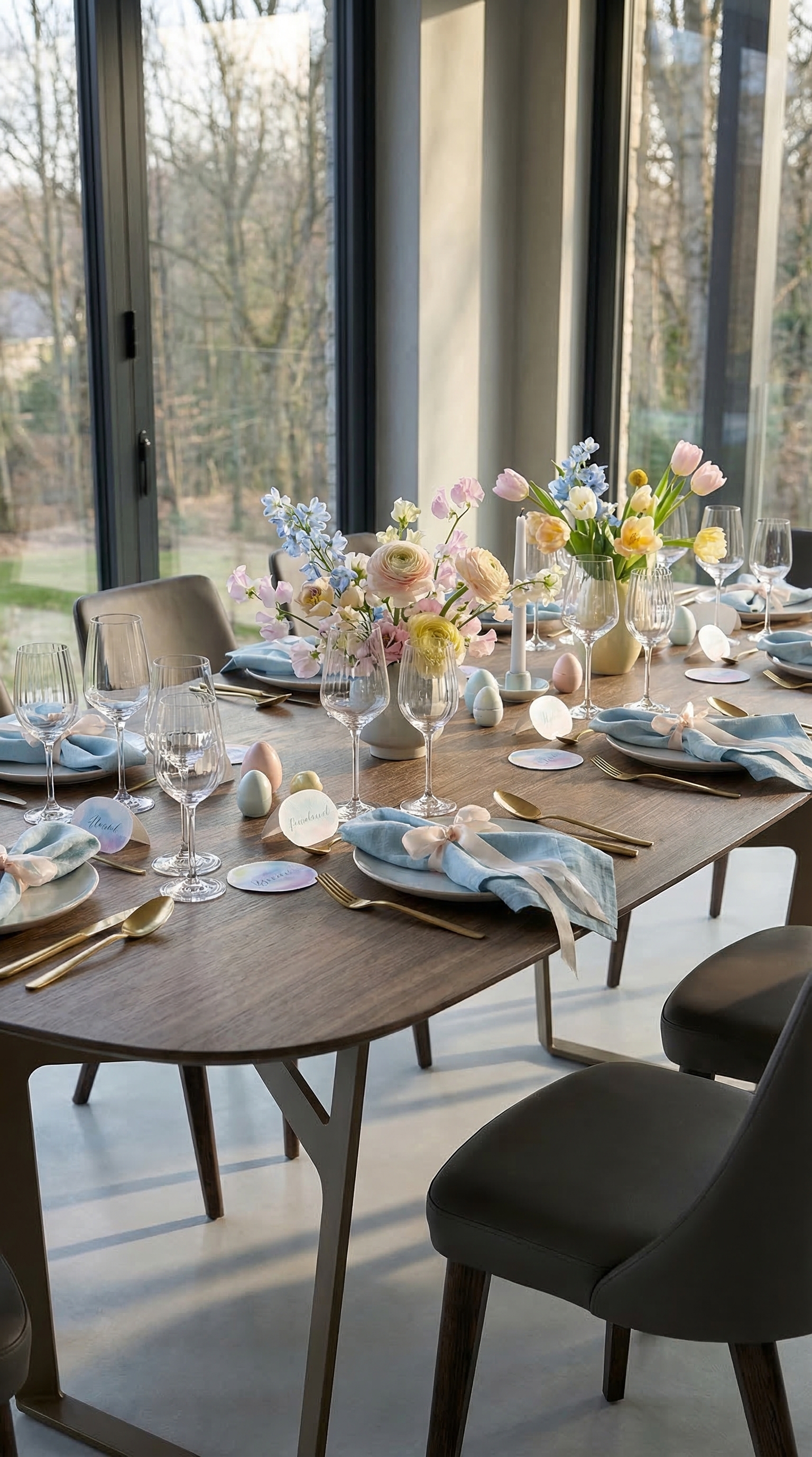 Une table à manger élégante pour un dîner printanier entre amis, bleu glacier et couverts dorés. Une table à manger élégante pour un dîner printanier entre amis, bleu glacier et couverts dorés.