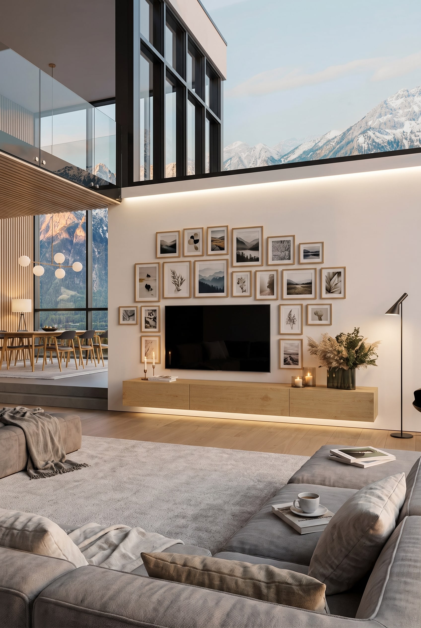 Skandinavisches Wohnzimmer mit schwebendem Holz-Lowboard