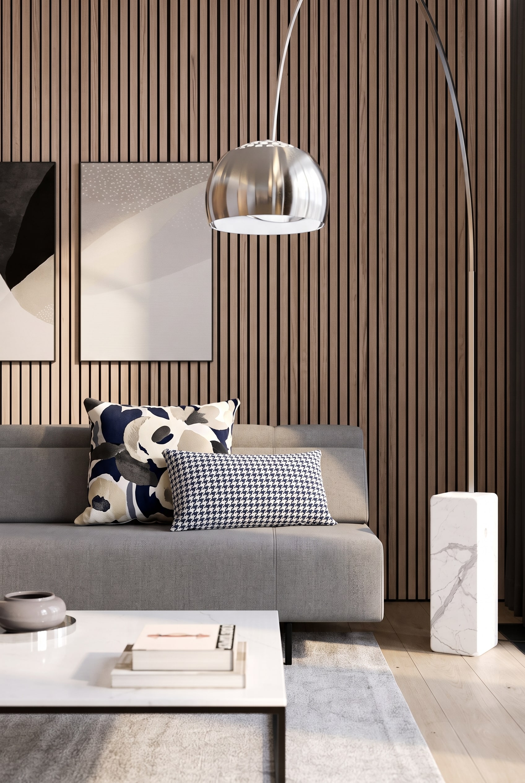 Prostoria Schlafsofa Pil-low in modernem Wohnzimmer dekoriert mit einer eleganten Kombination aus floralen und geometrischen Sofakissen