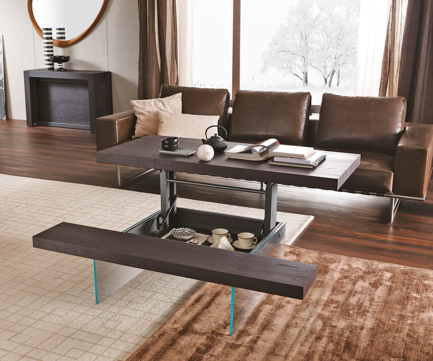 table basse design chêne brun pied en verre flottant hauteur réglableAL2