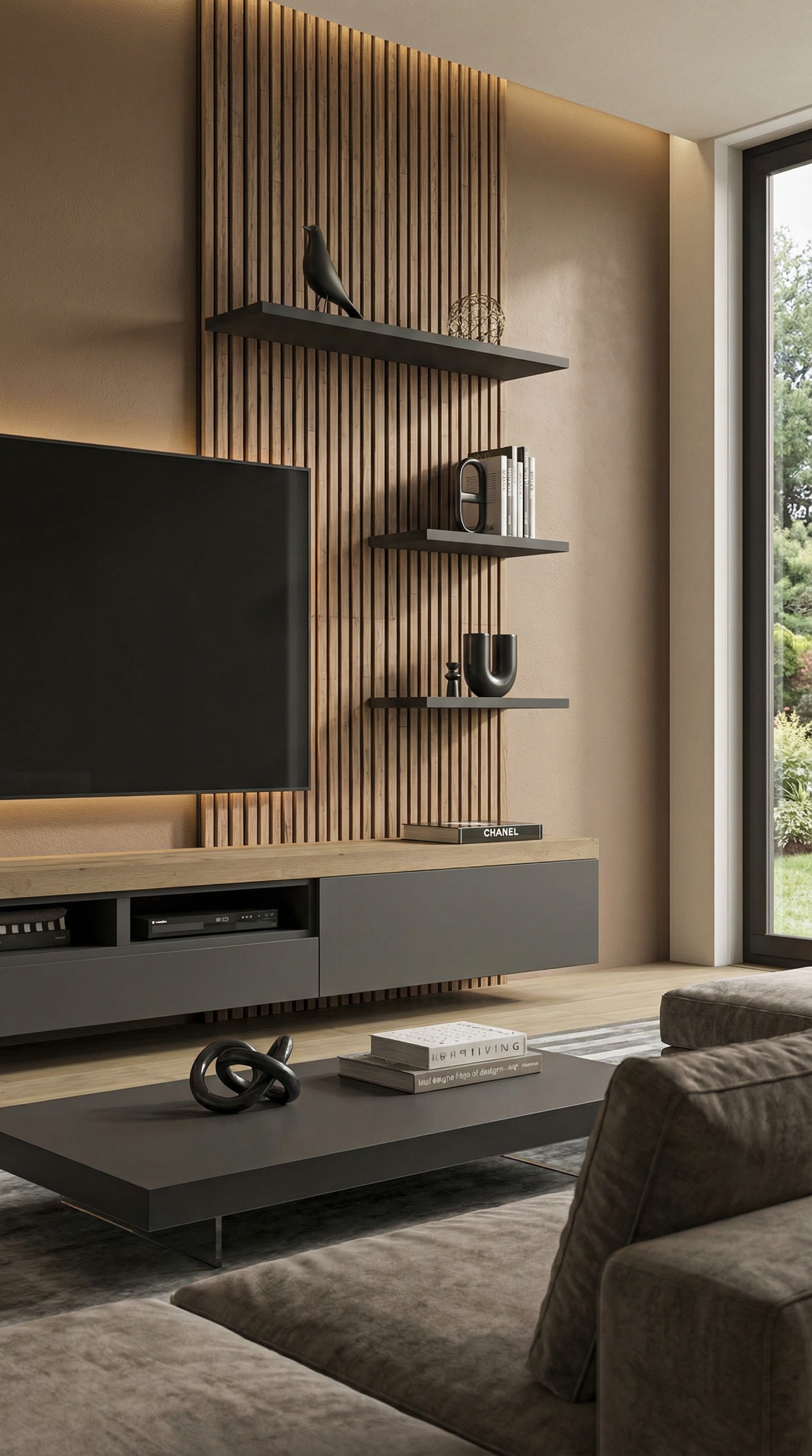 Meuble TV avec lamelles de bois devant un mur couleur Macchiato Tendance 2026 Meuble TV avec lamelles de bois devant un mur couleur Macchiato Tendance 2026