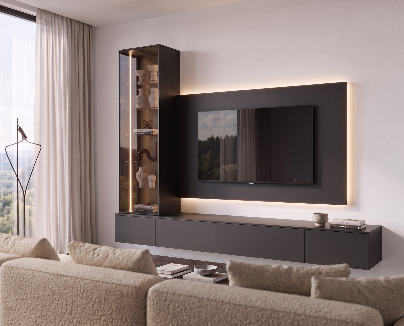 Wohnwand C109 in Schwarz, Blick vom Sofa