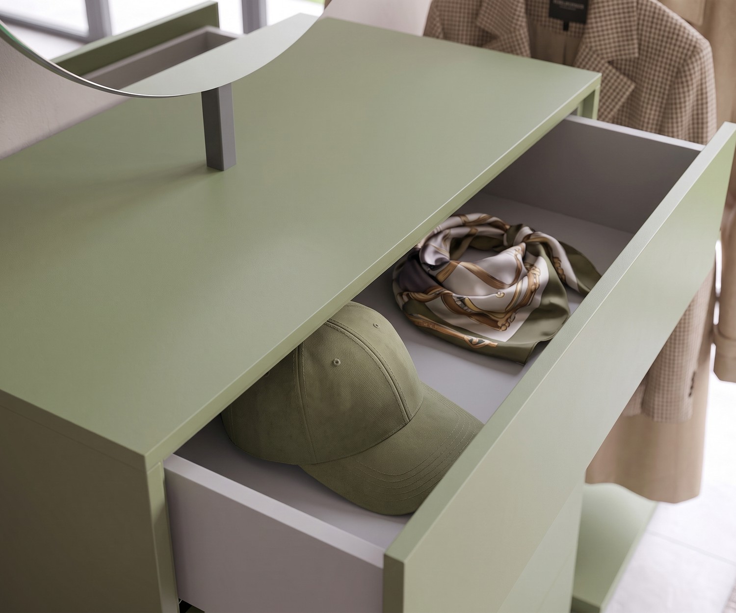 Commode design verte Easy 9 avec tiroir ouvert Commode design Novamobili Easy 9 : Tiroir vert ouvert pour ranger des accessoires dans une entrée ou chambre moderne.