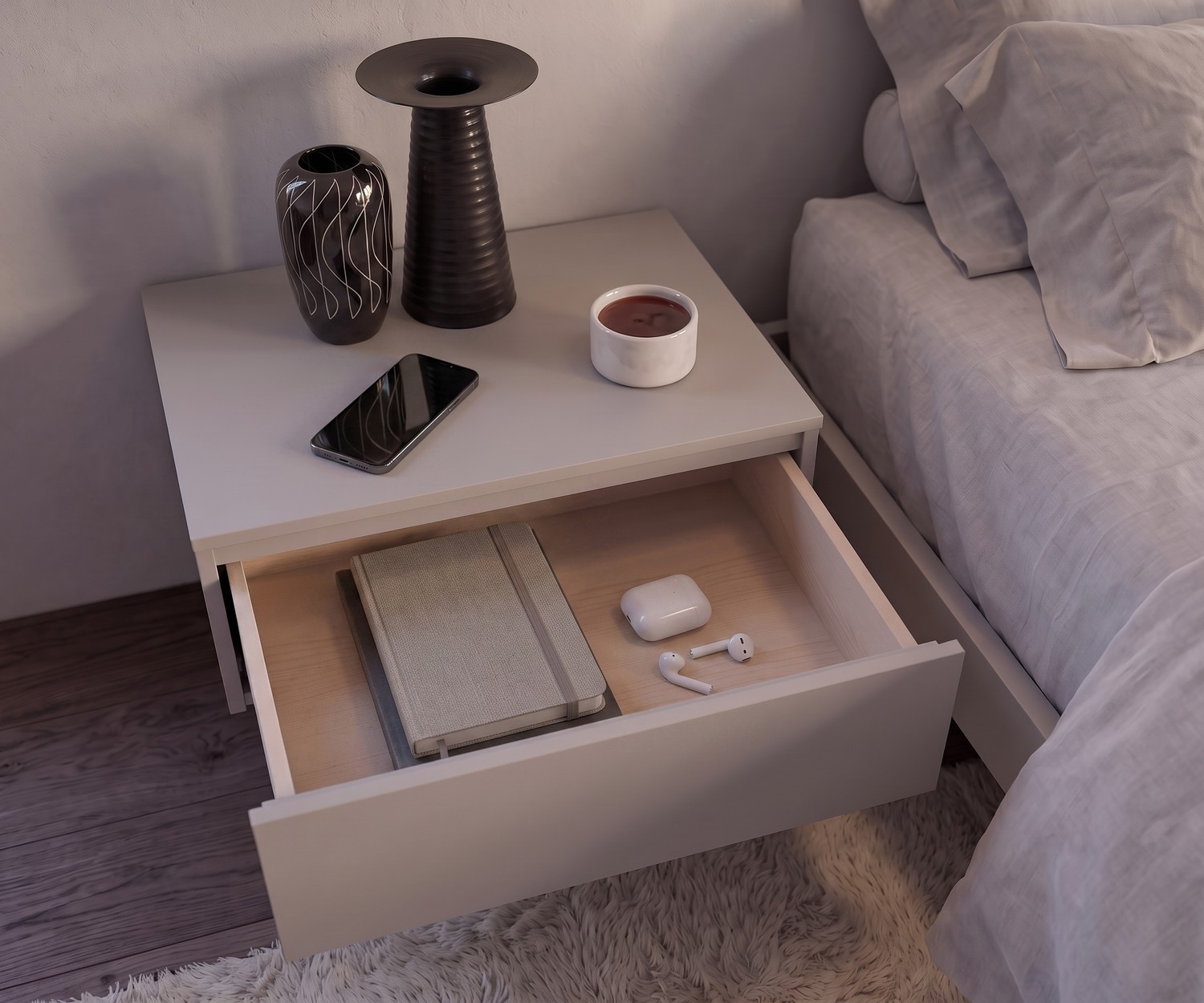 Table de chevet Novamobili Easy 1 avec tiroir Table de chevet Easy 1 Novamobili avec tiroir ouvert près du lit, table de nuit moderne sans poignée en gris clair
