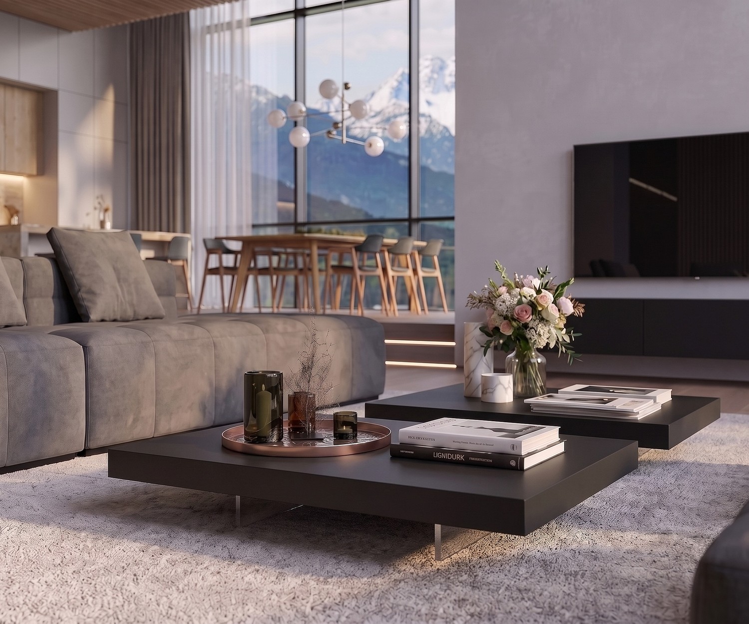 Table basse design Livitalia Low dans un salon moderne: Table basse noire extra-plate avec pieds transparents.